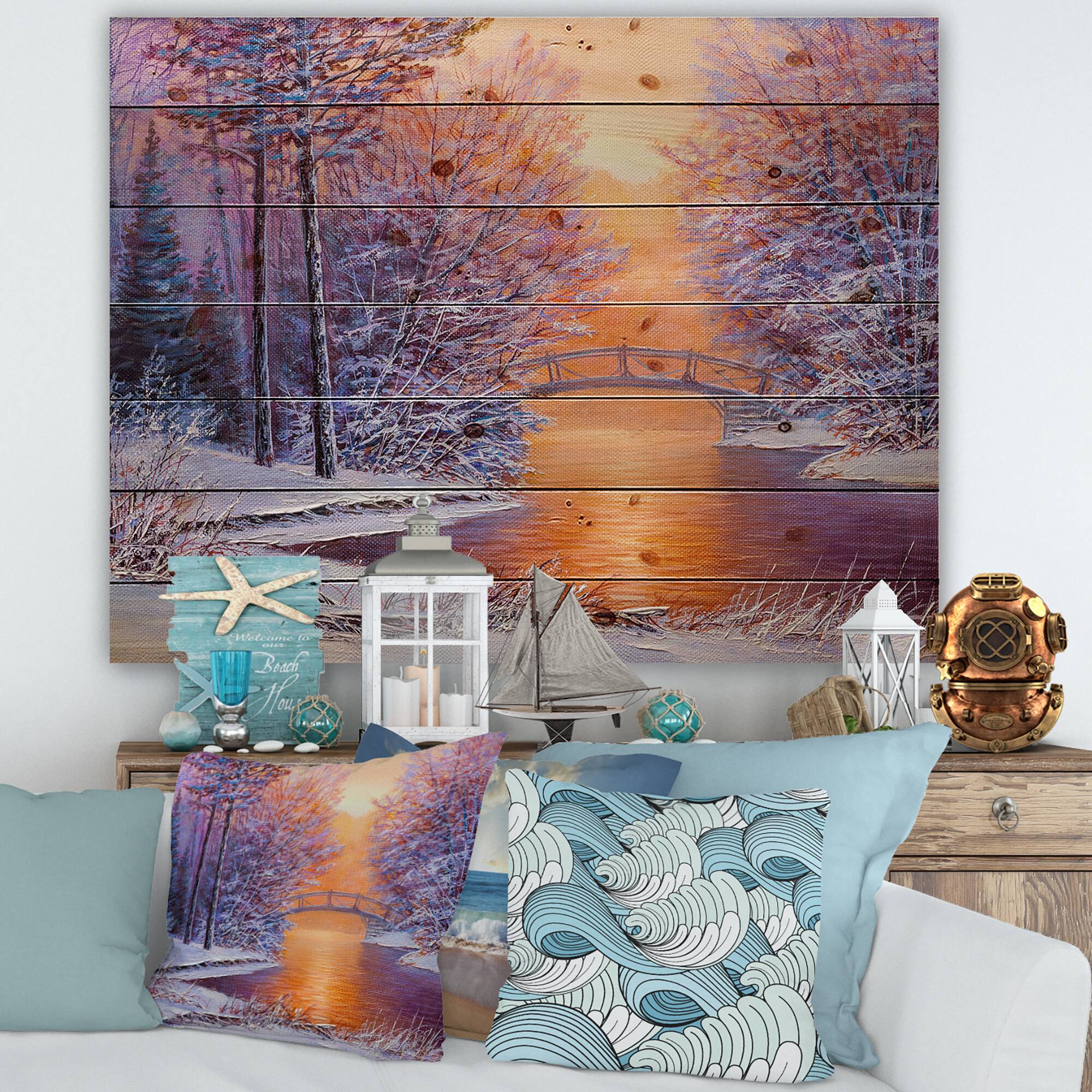 Designart - Bridge Over The River In Winter Landscape - Traditional Print on Natural Pine Wood