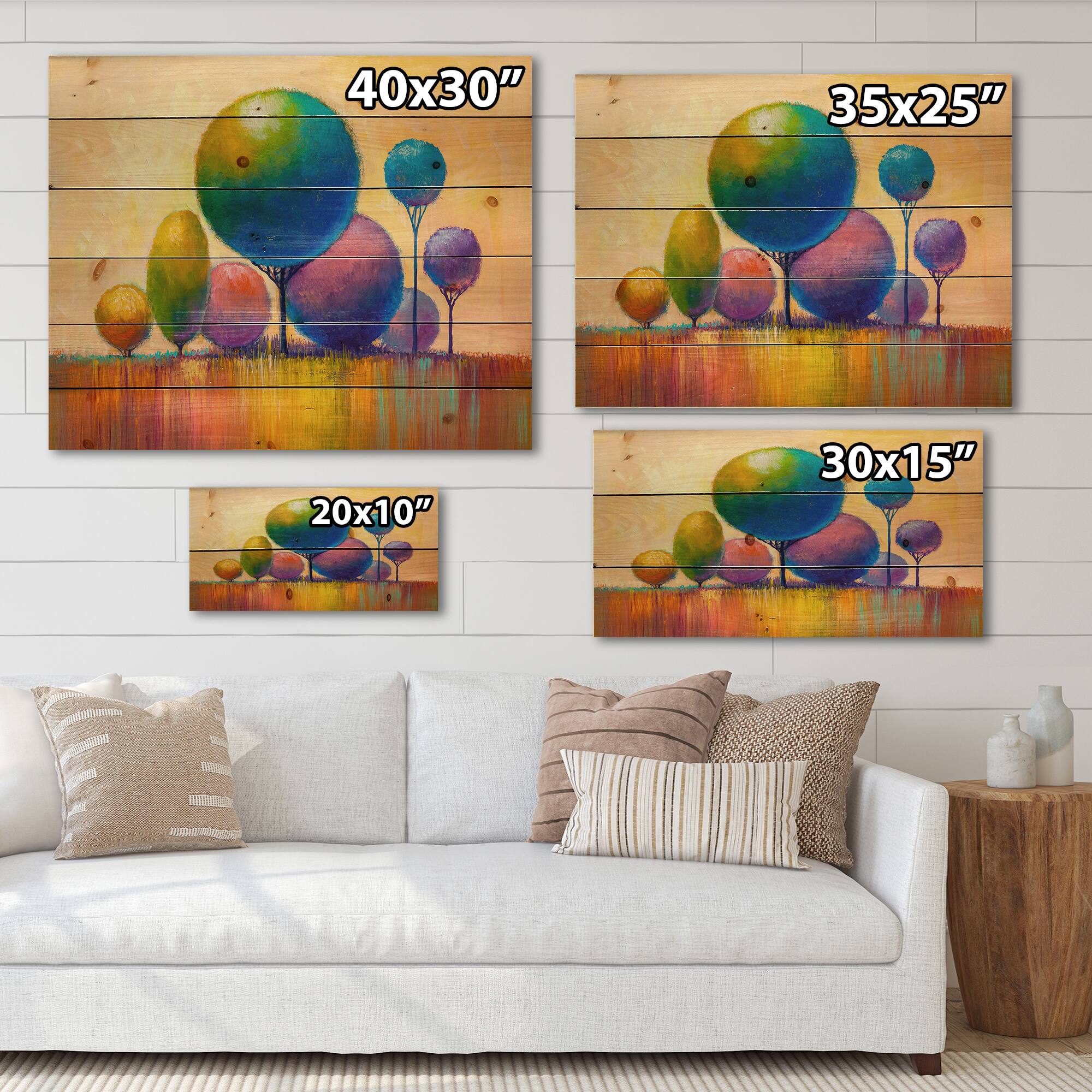 Designart - Colourful Ornamental Trees VIII - Modern Print on Natural Pine Wood