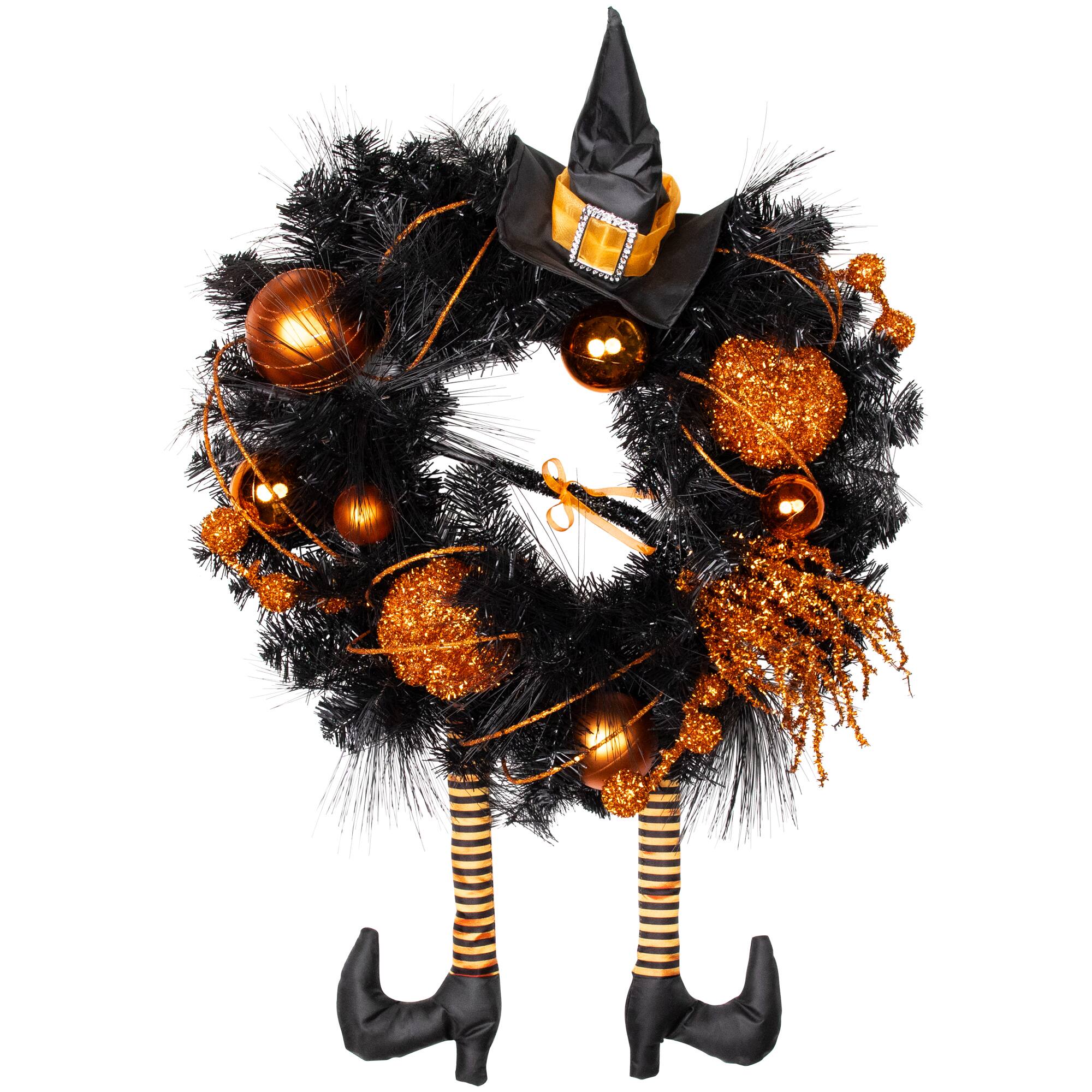 24'' Unlit Orange and Black Witch and Pumpkins Halloween Wreath