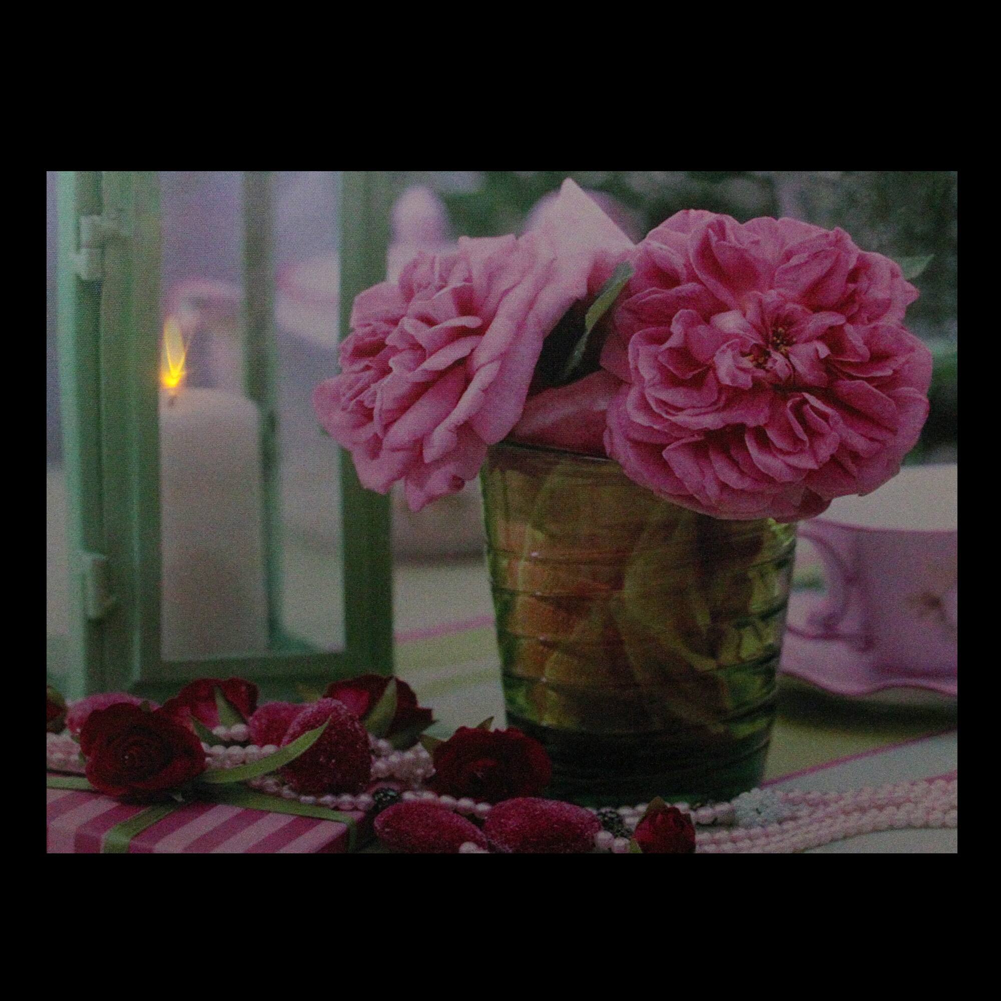 LED Flickering Candle & Pink Rose Flowers Canvas Wall Art