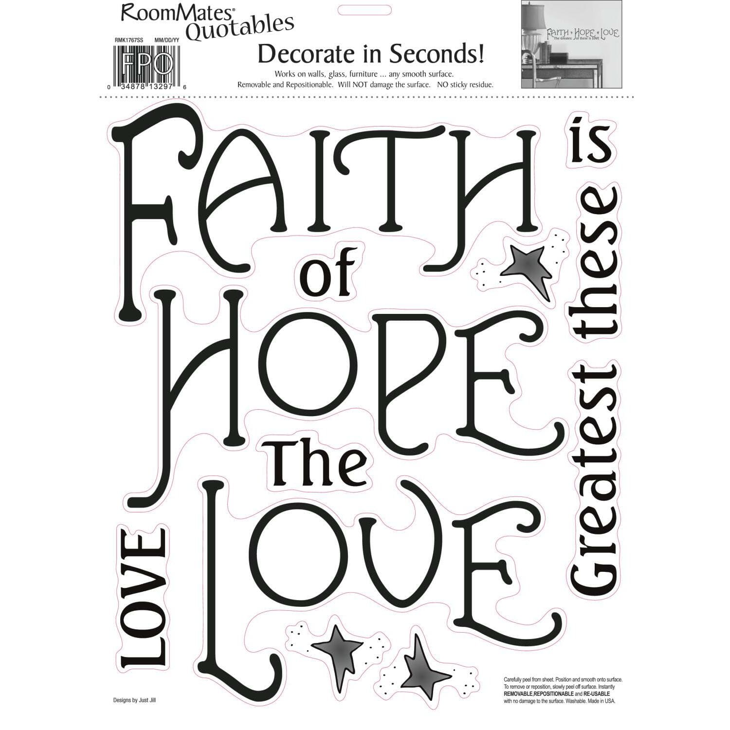 RoomMates Faith, Hope &#x26; Love Peel &#x26; Stick Quotable Wall Decal