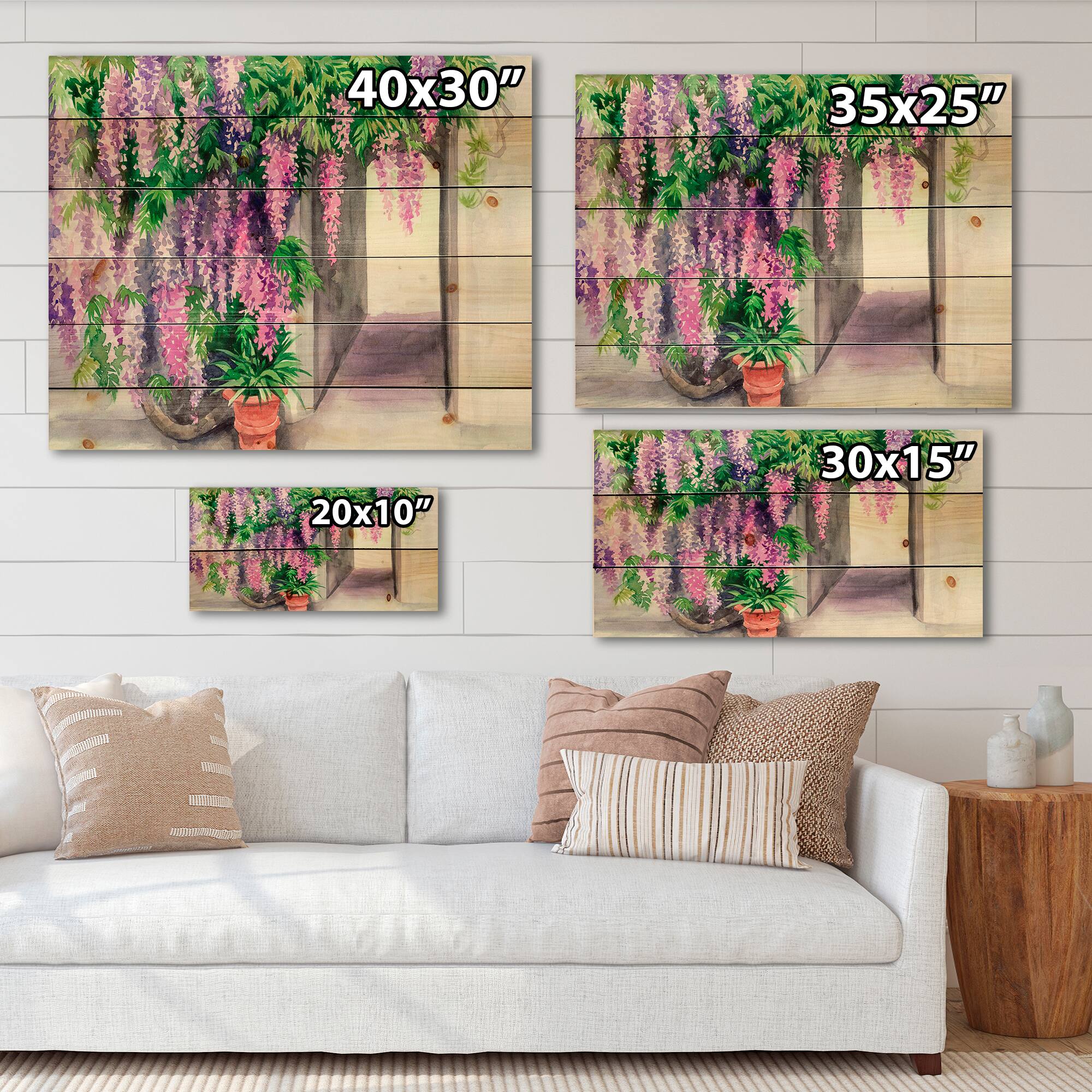 Designart - Wisteria Blossom - Traditional Print on Natural Pine Wood