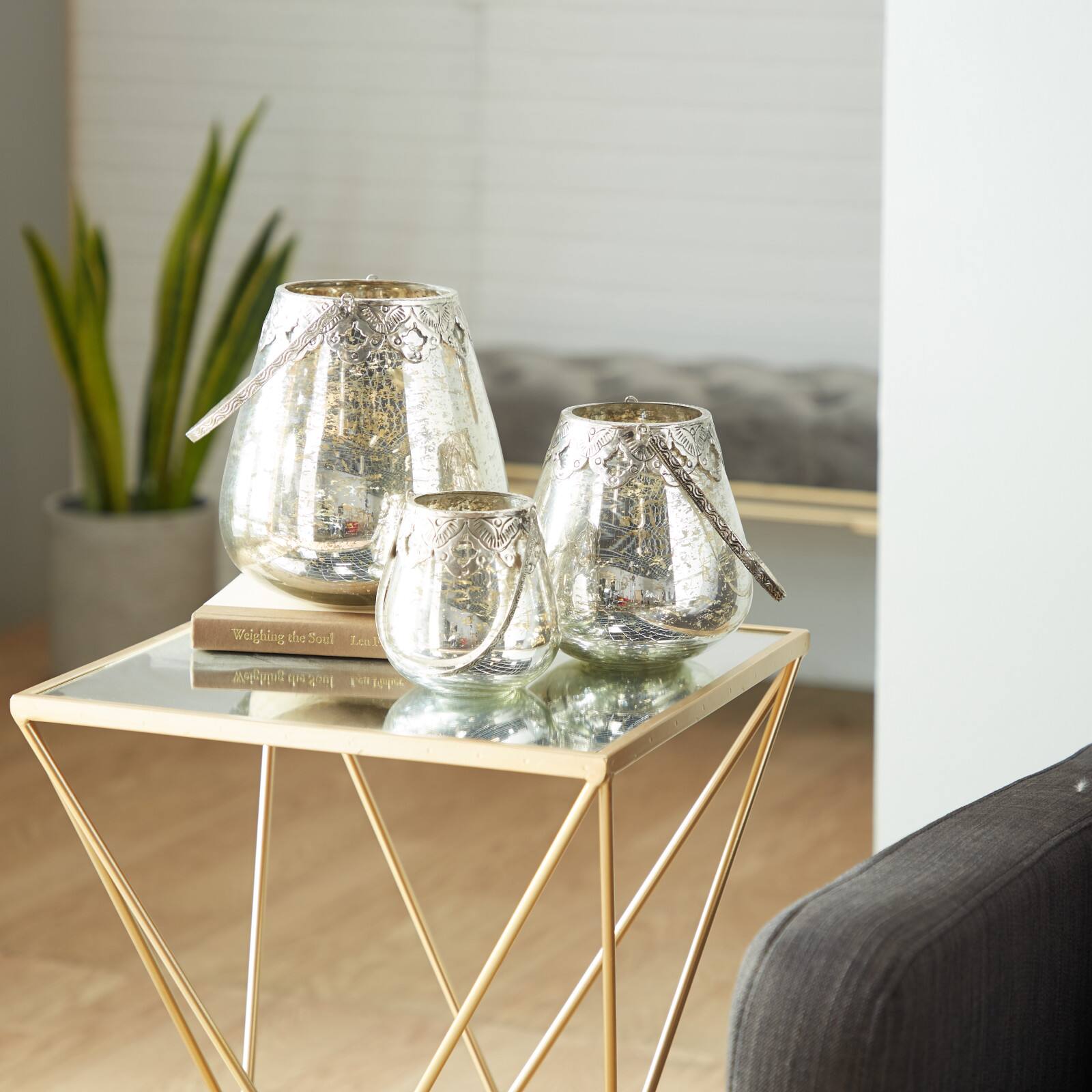Set of 3 Silver Glass Glam Candle Holder, 5&#x22;, 7&#x22;, 9&#x22;
