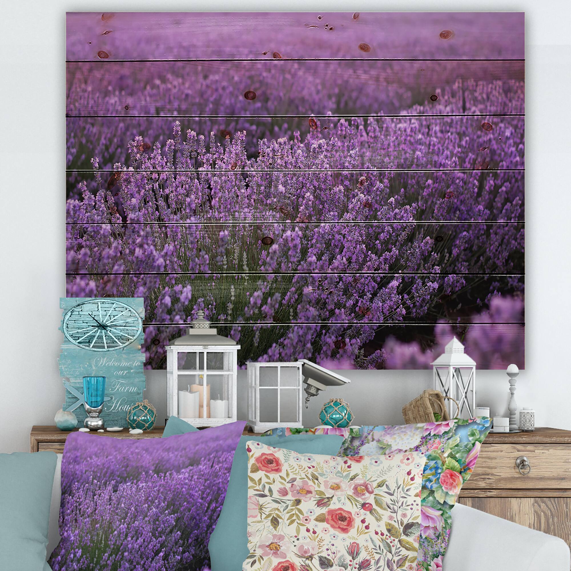 Designart - Blooming Purple Lavender Field - Farmhouse Print on Natural Pine Wood