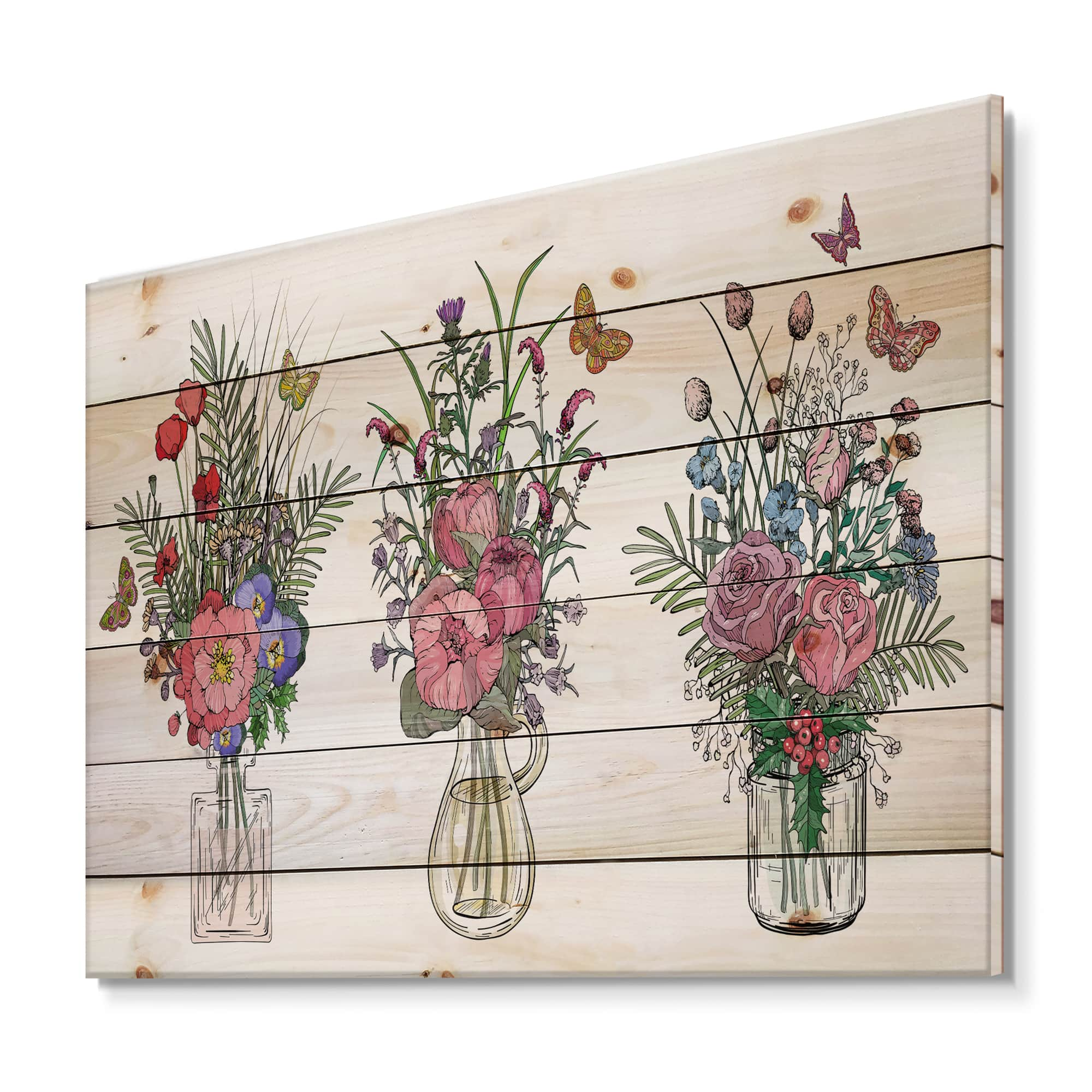 Designart - Bouquets Of Wildflowers In Transparent Vases II - Farmhouse Print on Natural Pine Wood