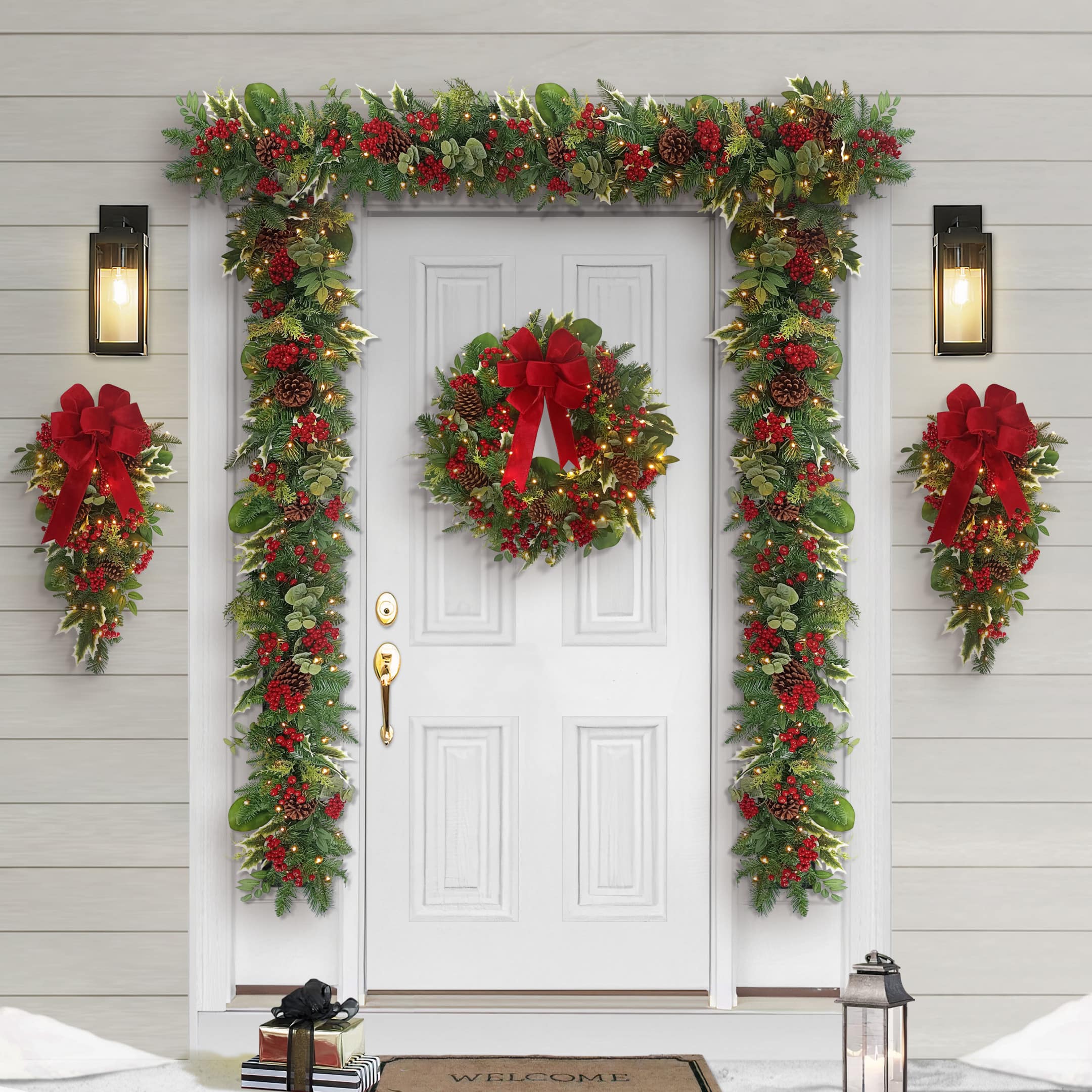 26&#x22; Battery-Operated Pre-Lit Decorated Artificial Wreath with Red Bow