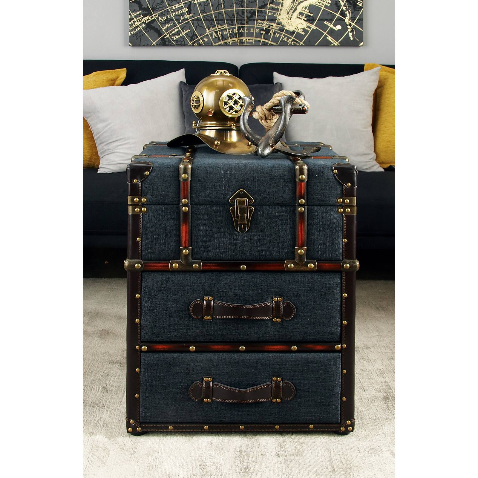 Blue Wood and Linen Traditional Accent Table, 22" x 18" x 18"