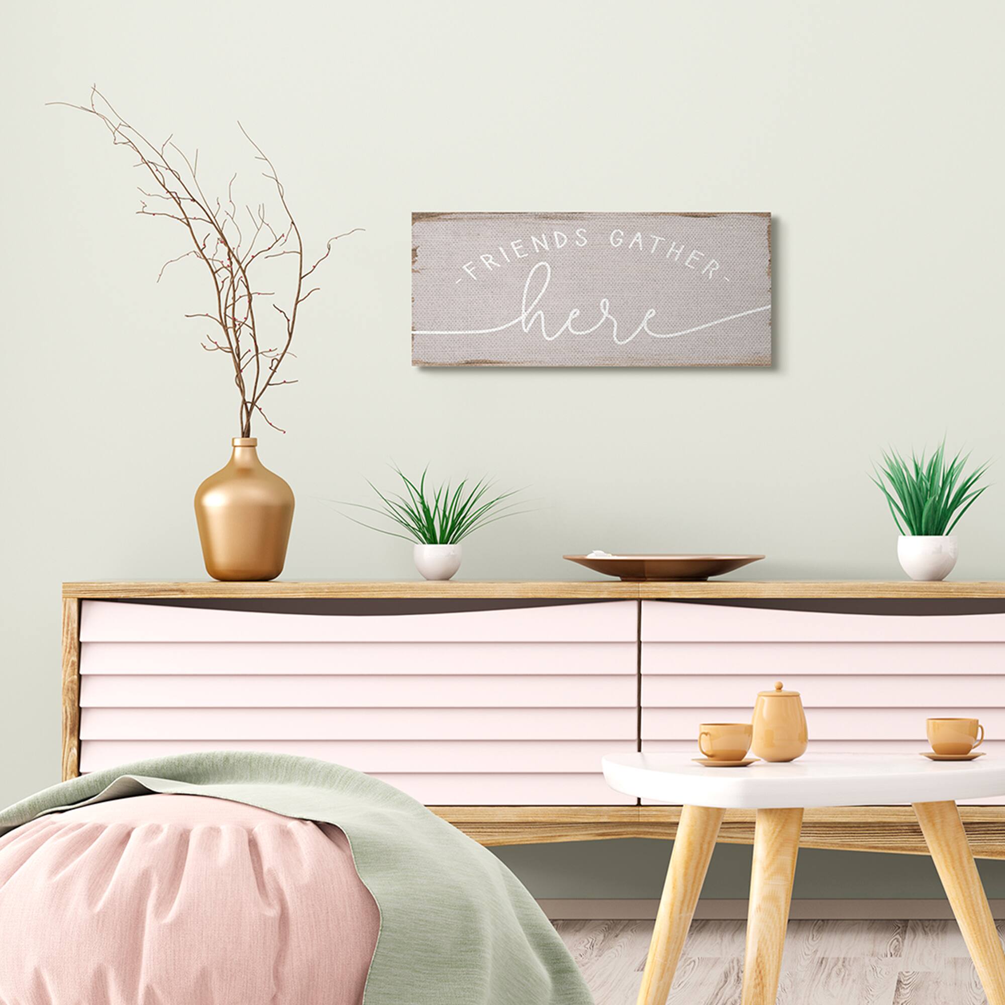 Stupell Industries Friends Gather Here Phrase Charming Distressed Paint Canvas Wall Art