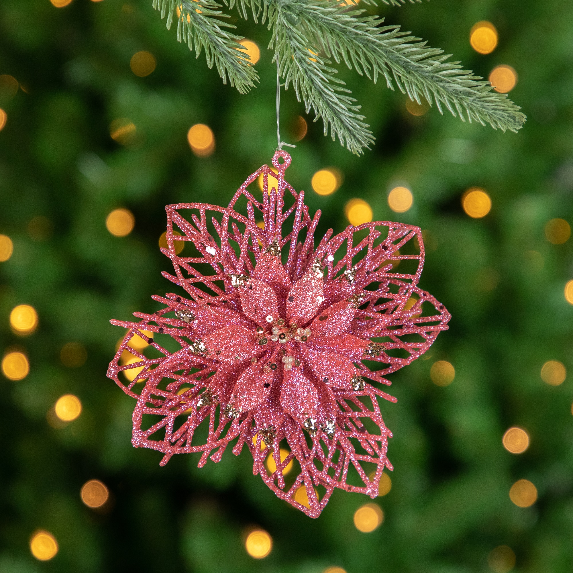 Pack of 4 Glittered Pink Poinsettia Christmas Ornaments 6&#x22;