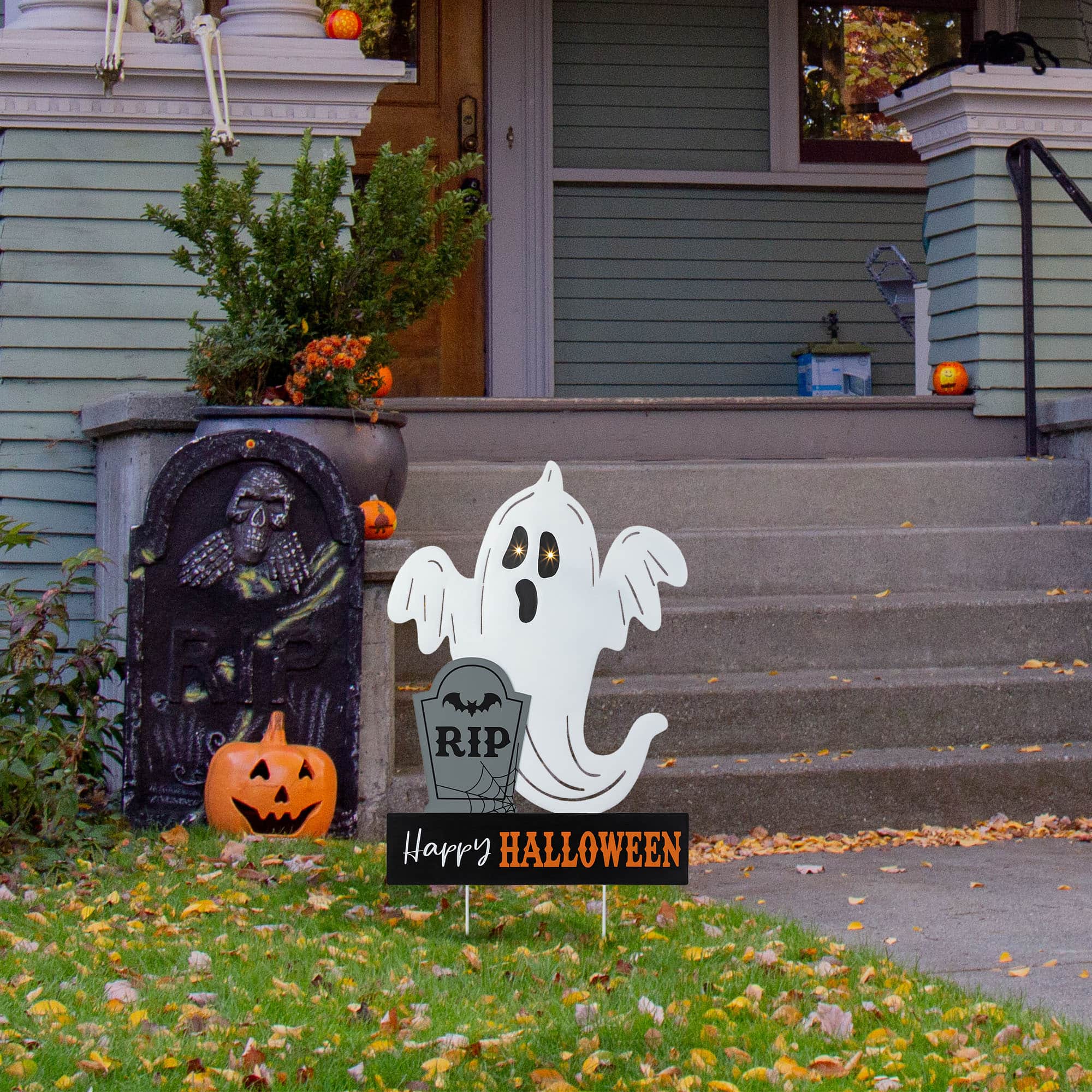 Glitzhome&#xAE; 32.25&#x22;H Lighted Halloween Metal Ghost Tombstone Yard Stake with Timer