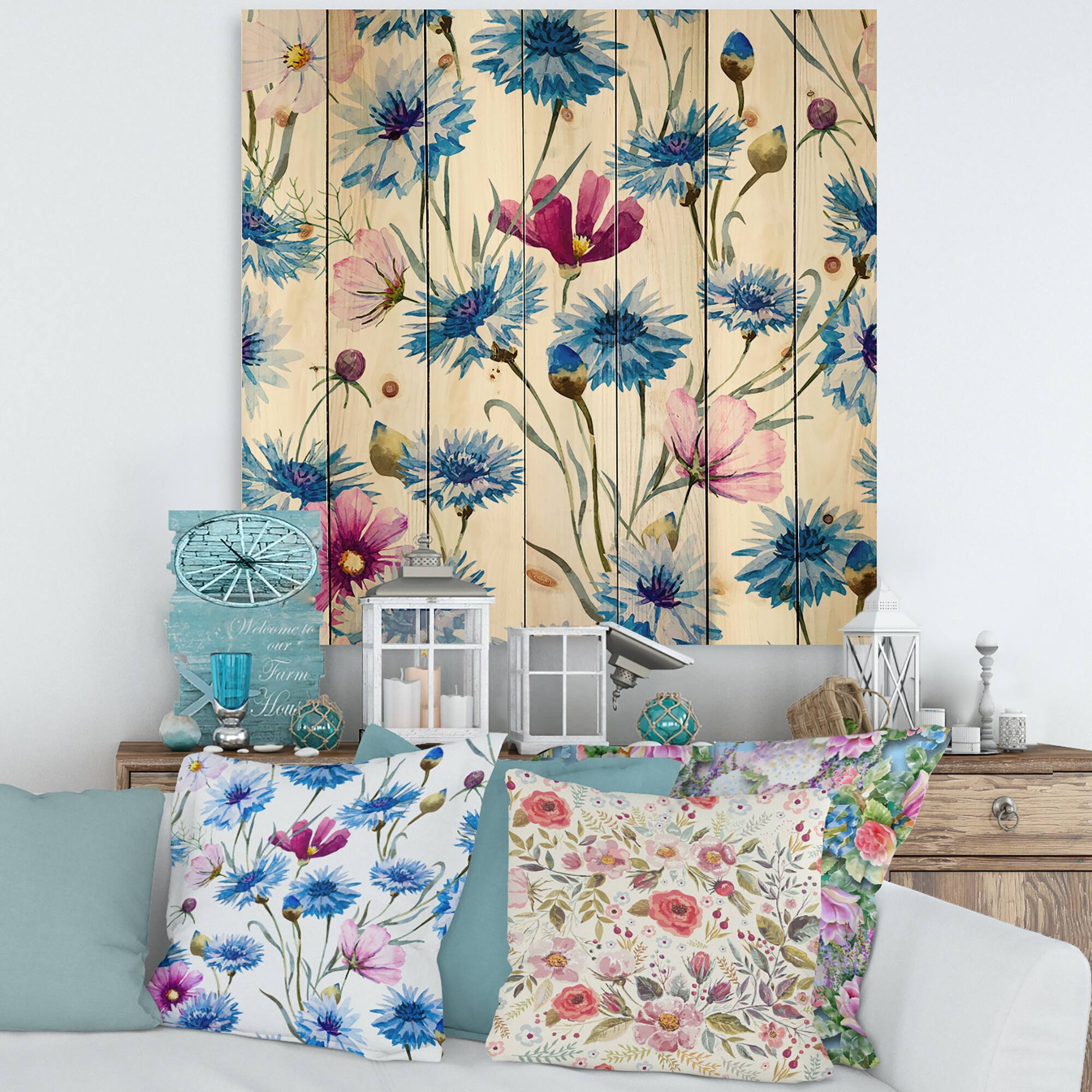 Designart - Blue and Pink Wild Cornflowers - Traditional Print on Natural Pine Wood