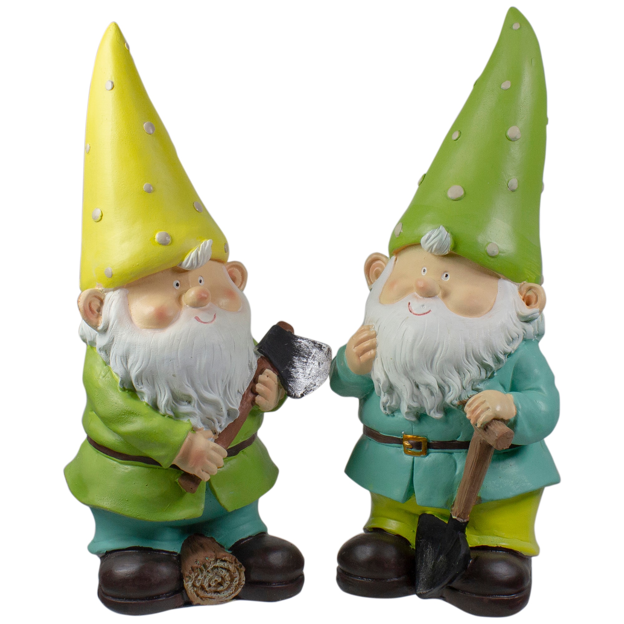 12.25&#x22; Green &#x26; Yellow Gnome Outdoor Garden Statue Set