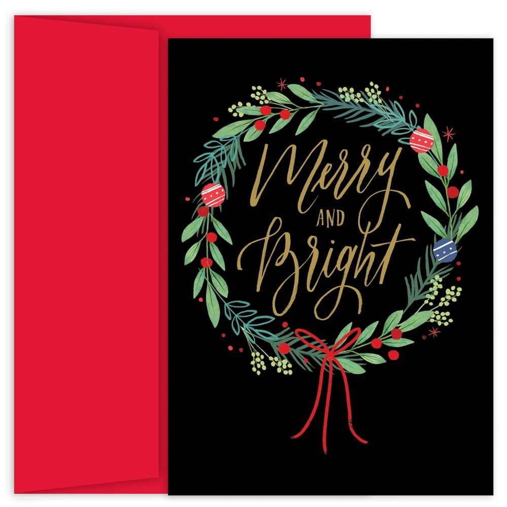 JAM Paper Merry &#x26; Bright Wreath Christmas Cards &#x26; Envelopes Set