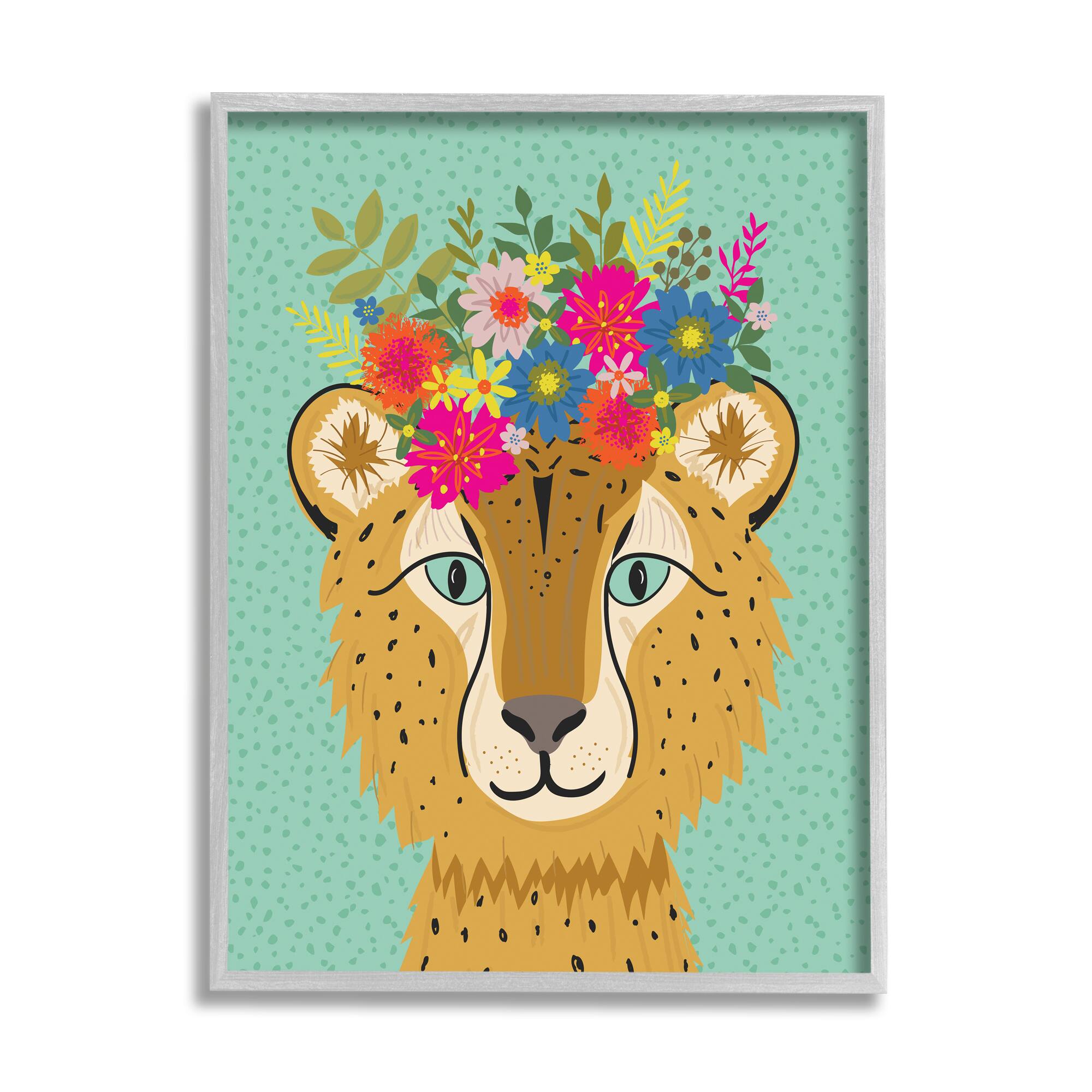 Stupell Industries Floral Crown Cheetah Spotted Fur Playful Animal in Gray Frame Wall Art