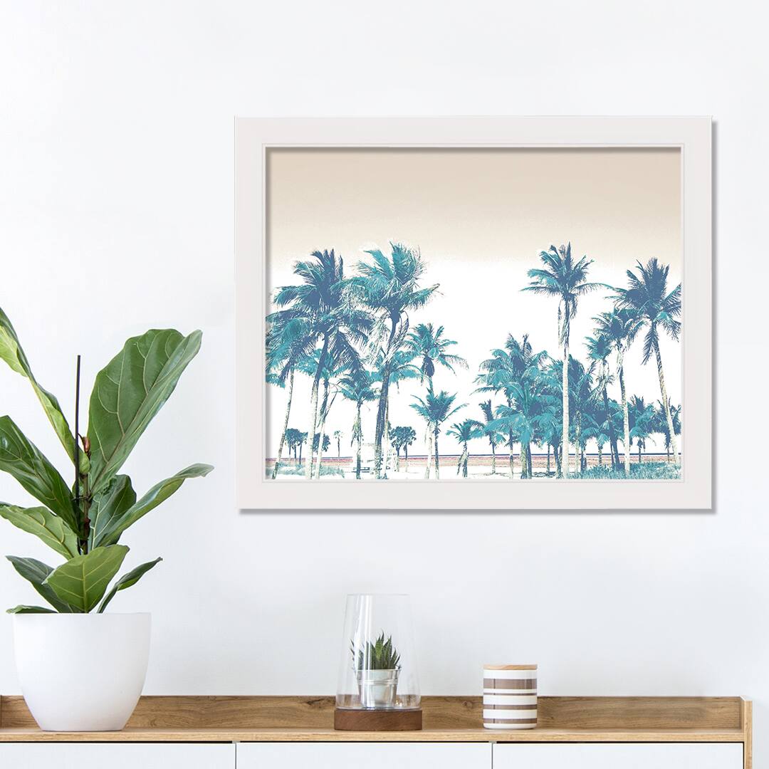 Blue Beach Palms White Framed Print