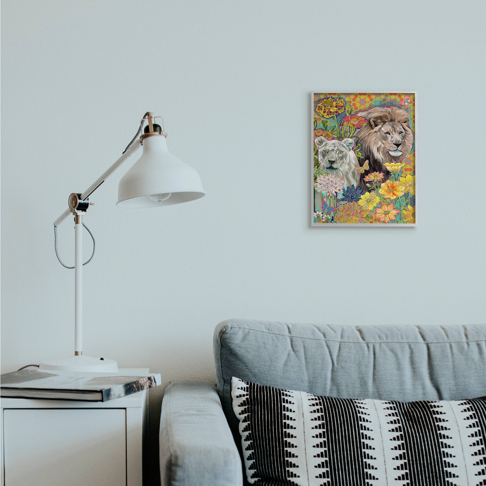 Stupell Industries Lion Couple Behind Tropical Florals Arabesque Pattern in Gray Frame Wall Art