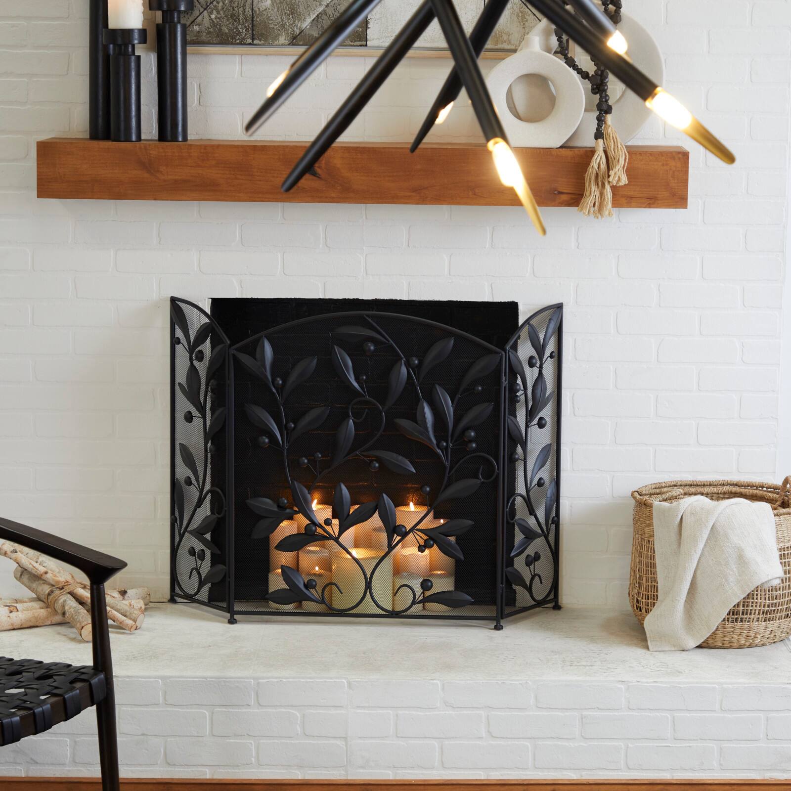 Black Metal Foldable Mesh Netting 3 Panel Scroll Fireplace Screen with Leaf and Vine Relief 45&#x22; x 1&#x22; x 30&#x22;