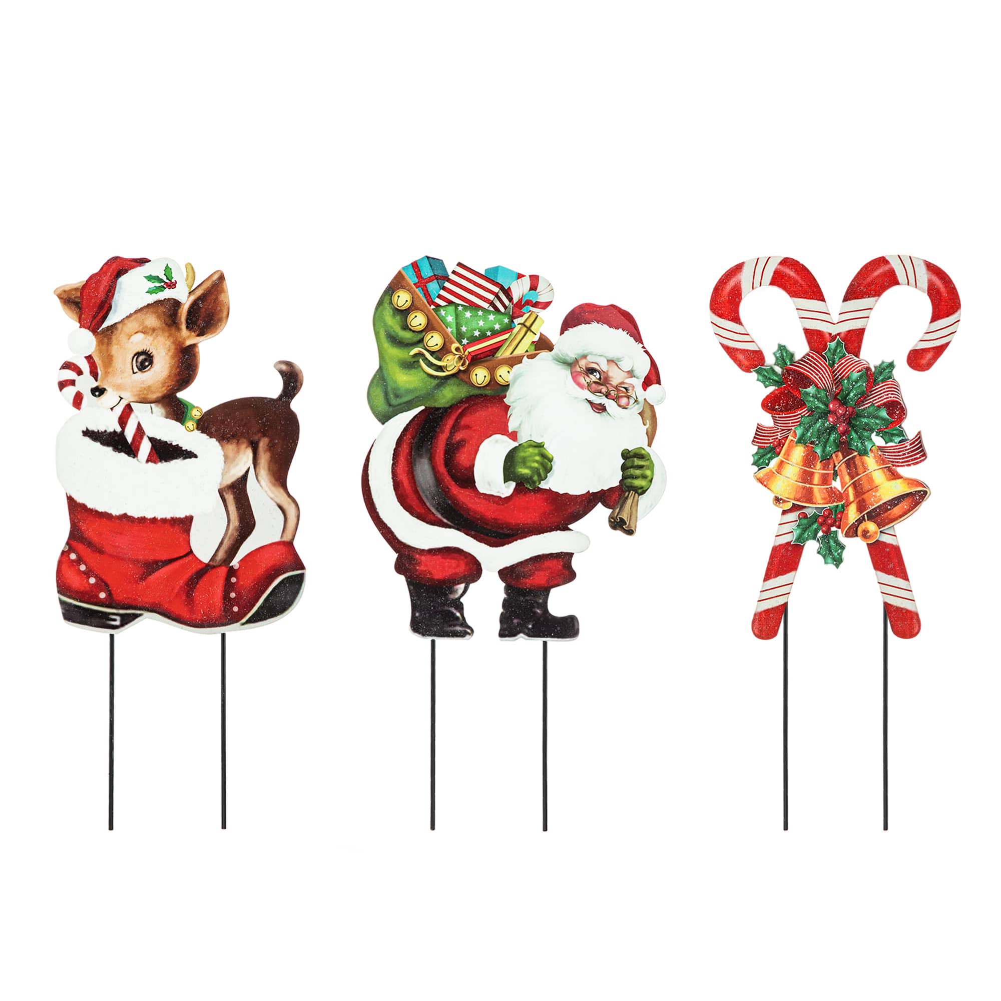 Glitzhome® 24" Metal Glitter Santa, Reindeer & Candy Cane Yard Stake Set