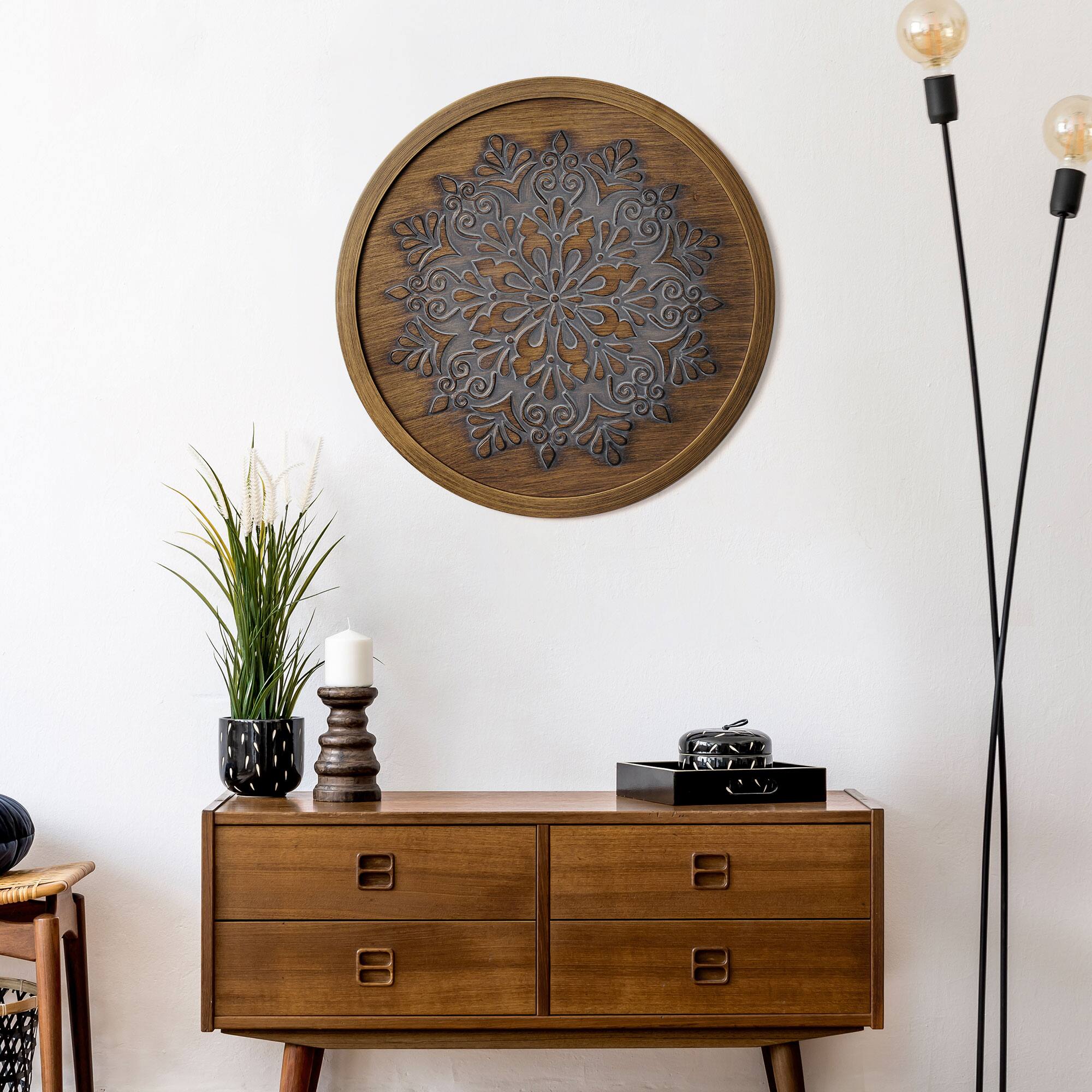 American Art Decor™ 17" Brown and Boho Rustic Farmhouse Wood Framed Wall Medallion