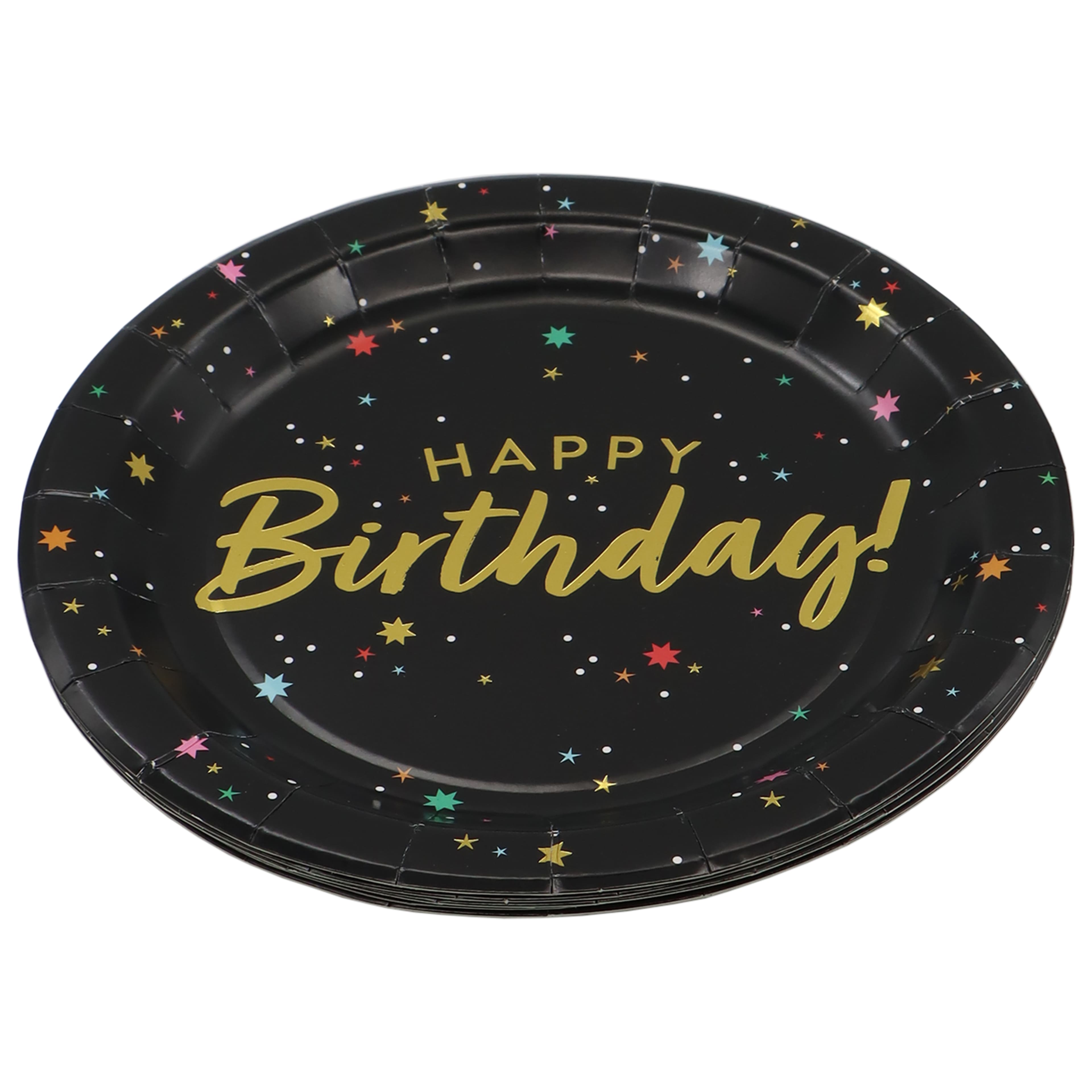 9&#x22; Black &#x26; Gold Starry Happy Birthday Paper Plates, 8ct. by Celebrate It&#x2122;