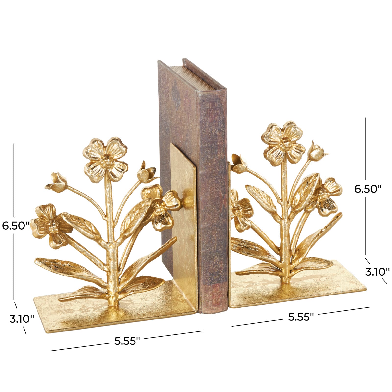 6.5&#x22; Gold Shimmer Metal Floral Bookends, 2ct.