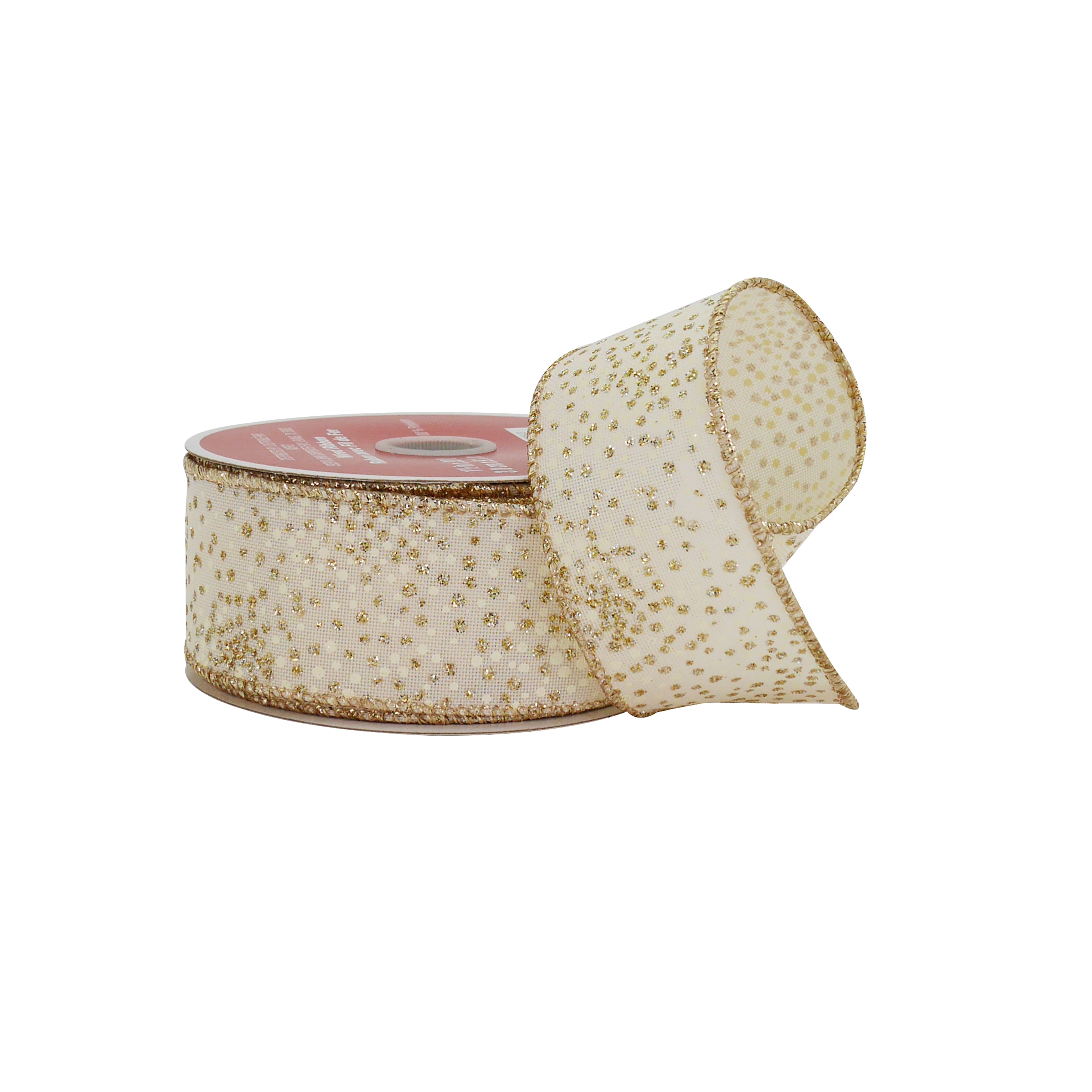 1.5" x 30ft. Cream & Gold Dots Wired Faux Linen Ribbon by Celebrate It®