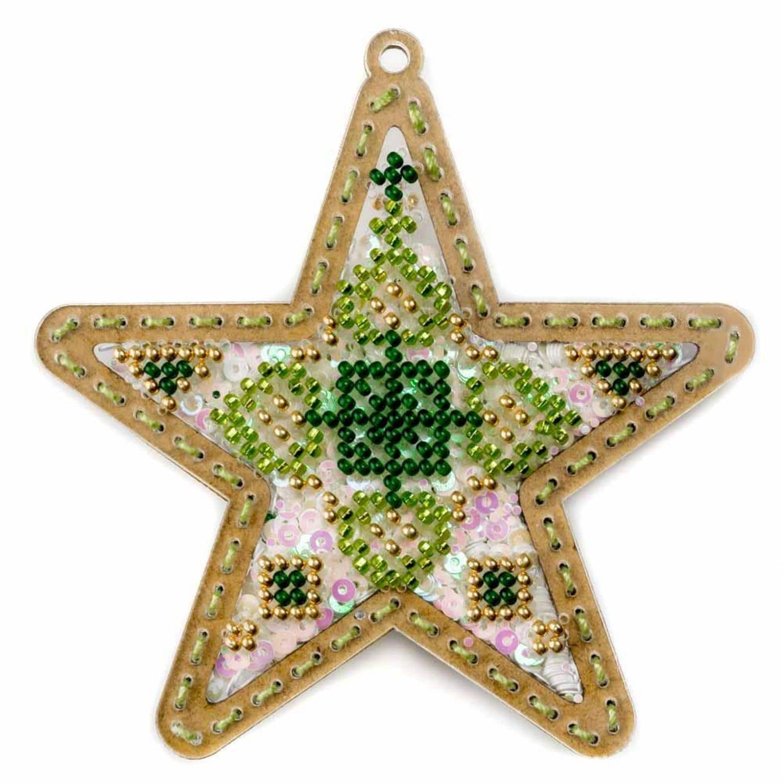 Wonderland Crafts Green &#x26; Gold Star Christmas Ornament Bead Embroidery Kit