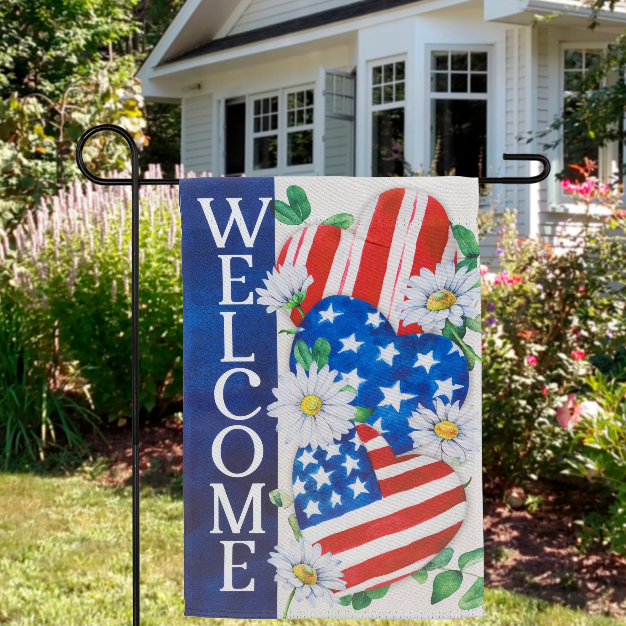 18&#x22; Stars &#x26; Stripes Hearts Patriotic Americana Garden Flag