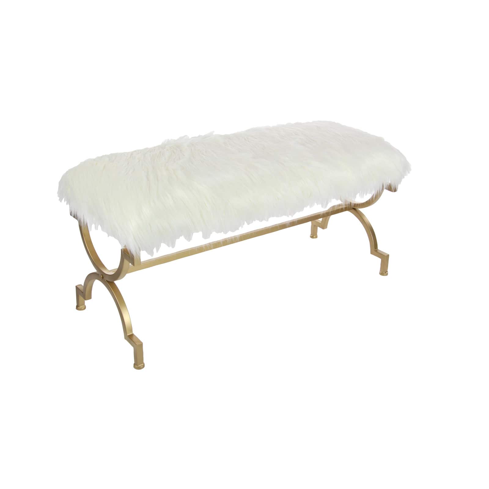 White Fur &#x26; Metal Contemporary Bench