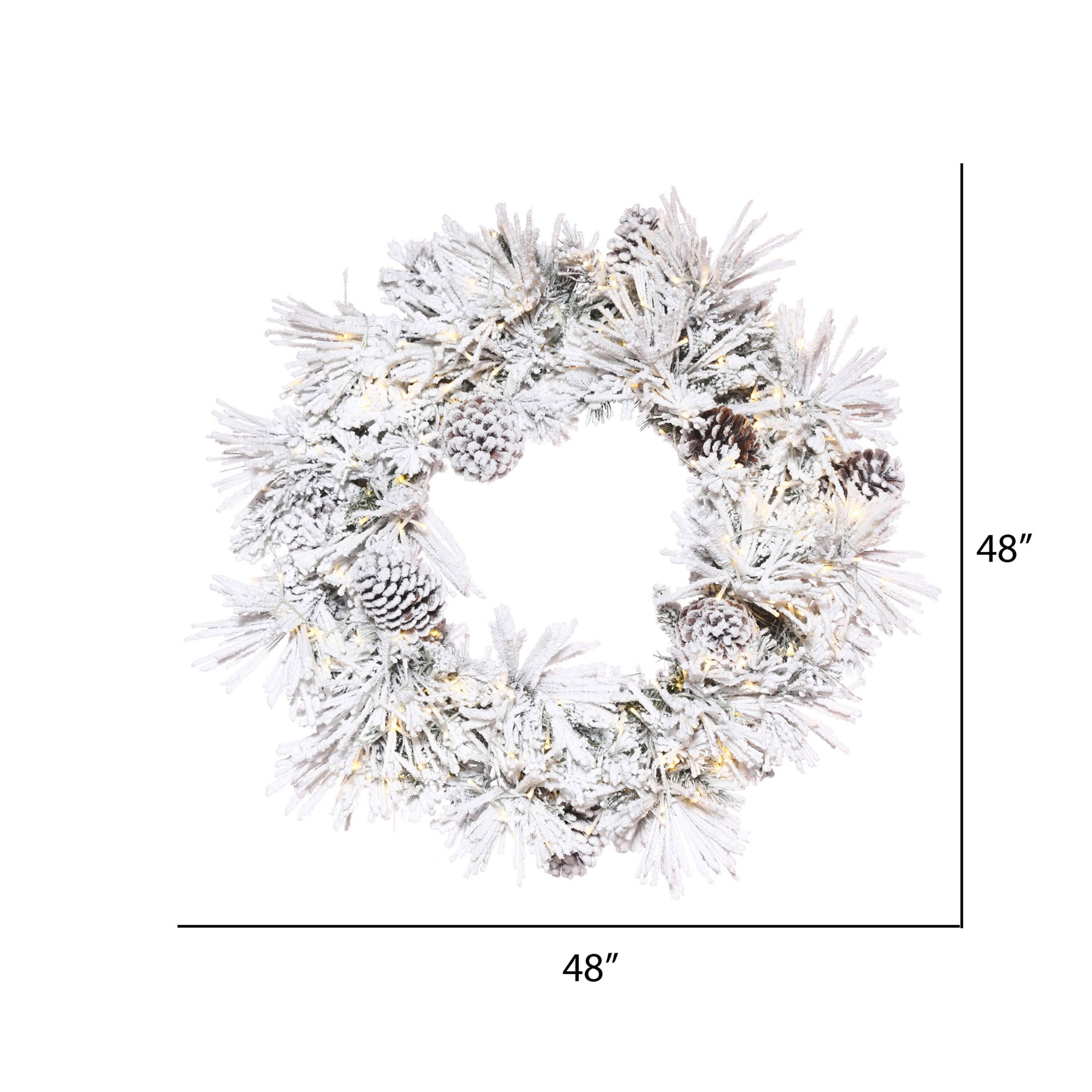 48" Pre-Lit Flocked Atka Artificial Christmas Wreath, Warm White Wide Angle 3mm LED Lights