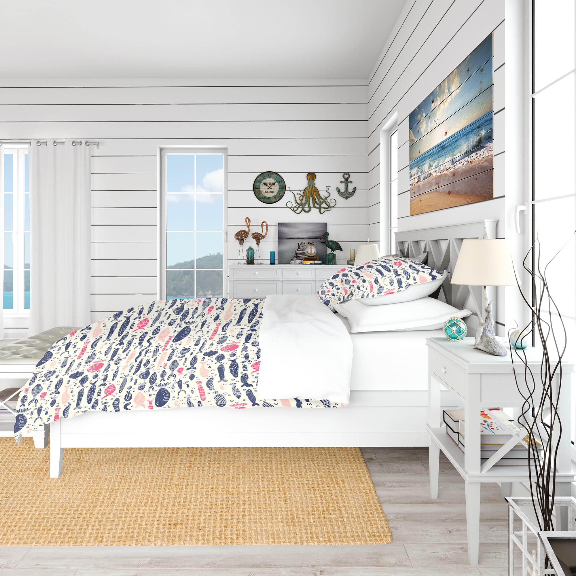 Designart &#x27;Cute Fishes with Doodles&#x27; Nautical &#x26; Coastal Bedding Set - Duvet Cover &#x26; Shams