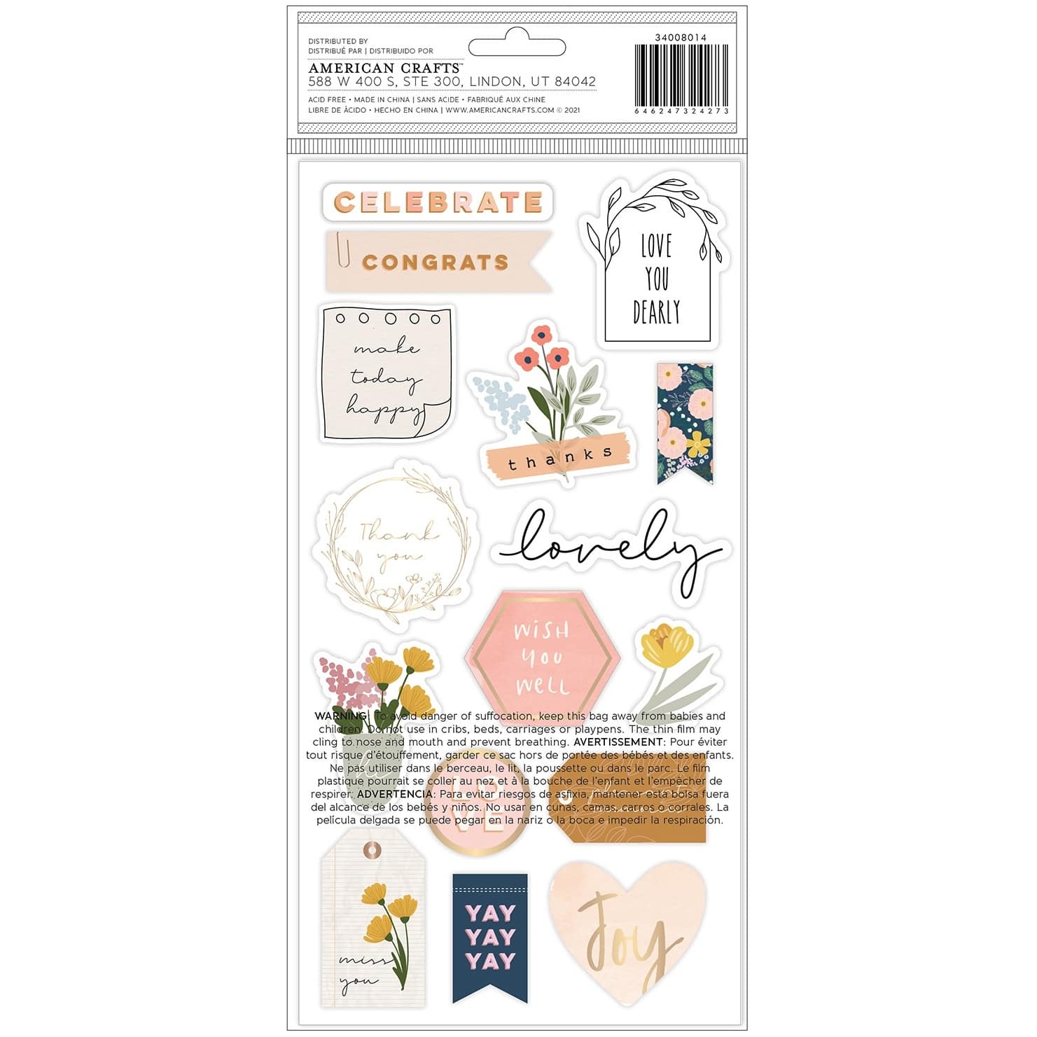 American Crafts&#x2122; Jen Hadfield Peaceful Heart Phrases Thickers Stickers