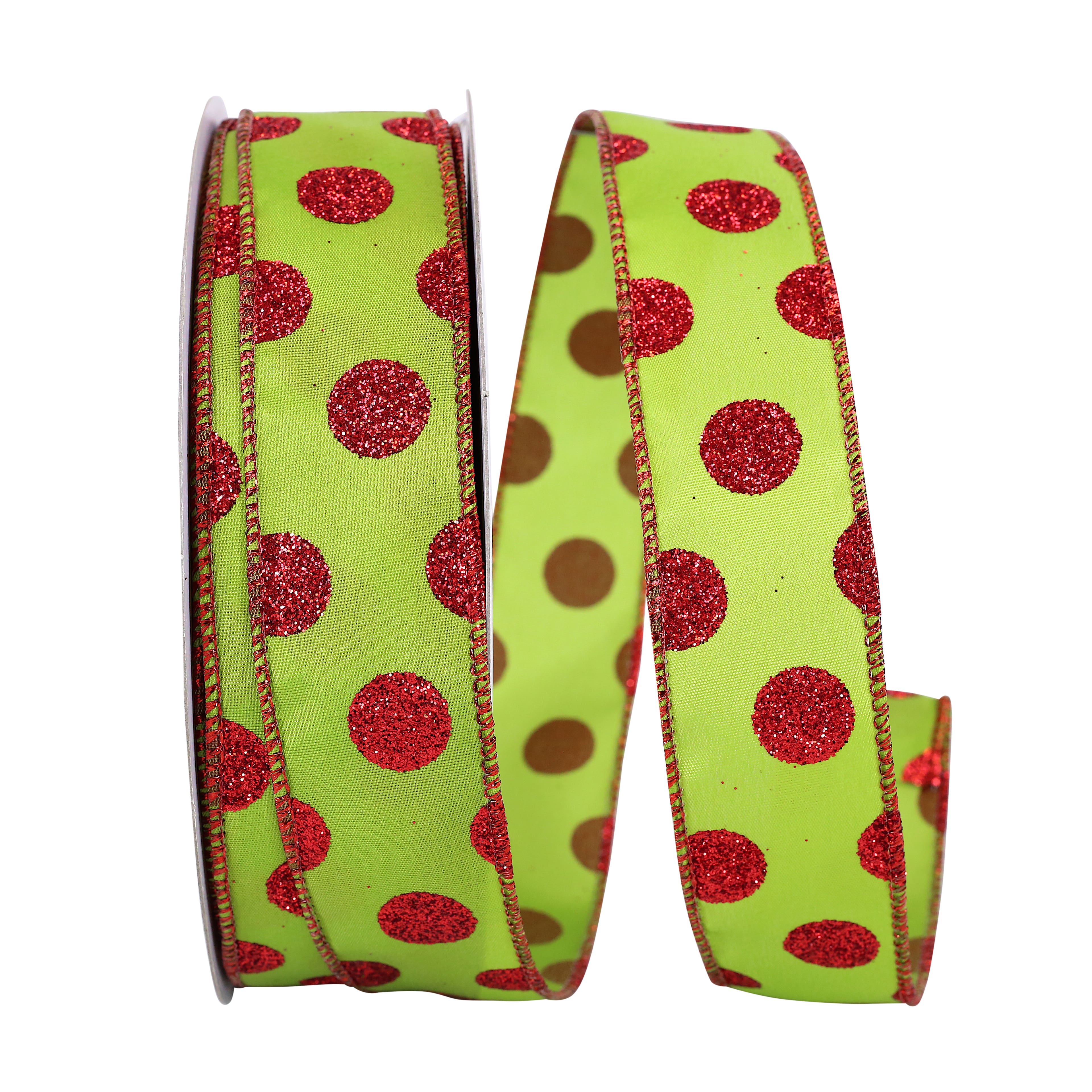 JAM Paper 1.5" x 50yd. Glitter Wired Lime & Red Dots Ribbon