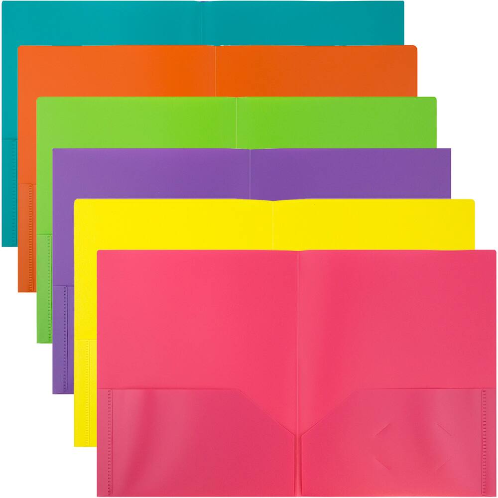 JAM Paper 9.5" x 11.5" Assorted Fashion Colors Plastic 2 Pocket School POP Folders, 6ct.