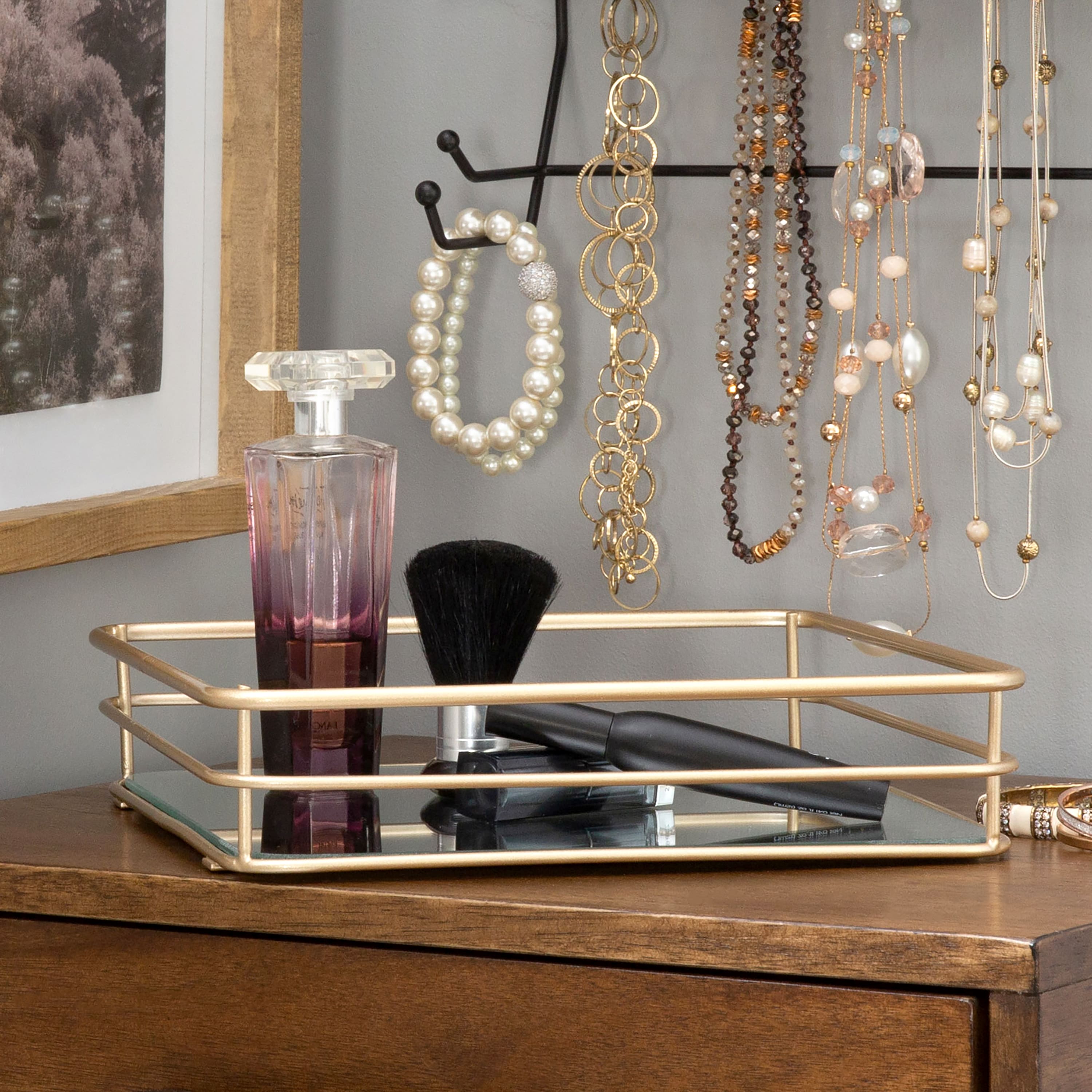 Elle Décor Satin Gold Square Mirrored Bottom Vanity Tray