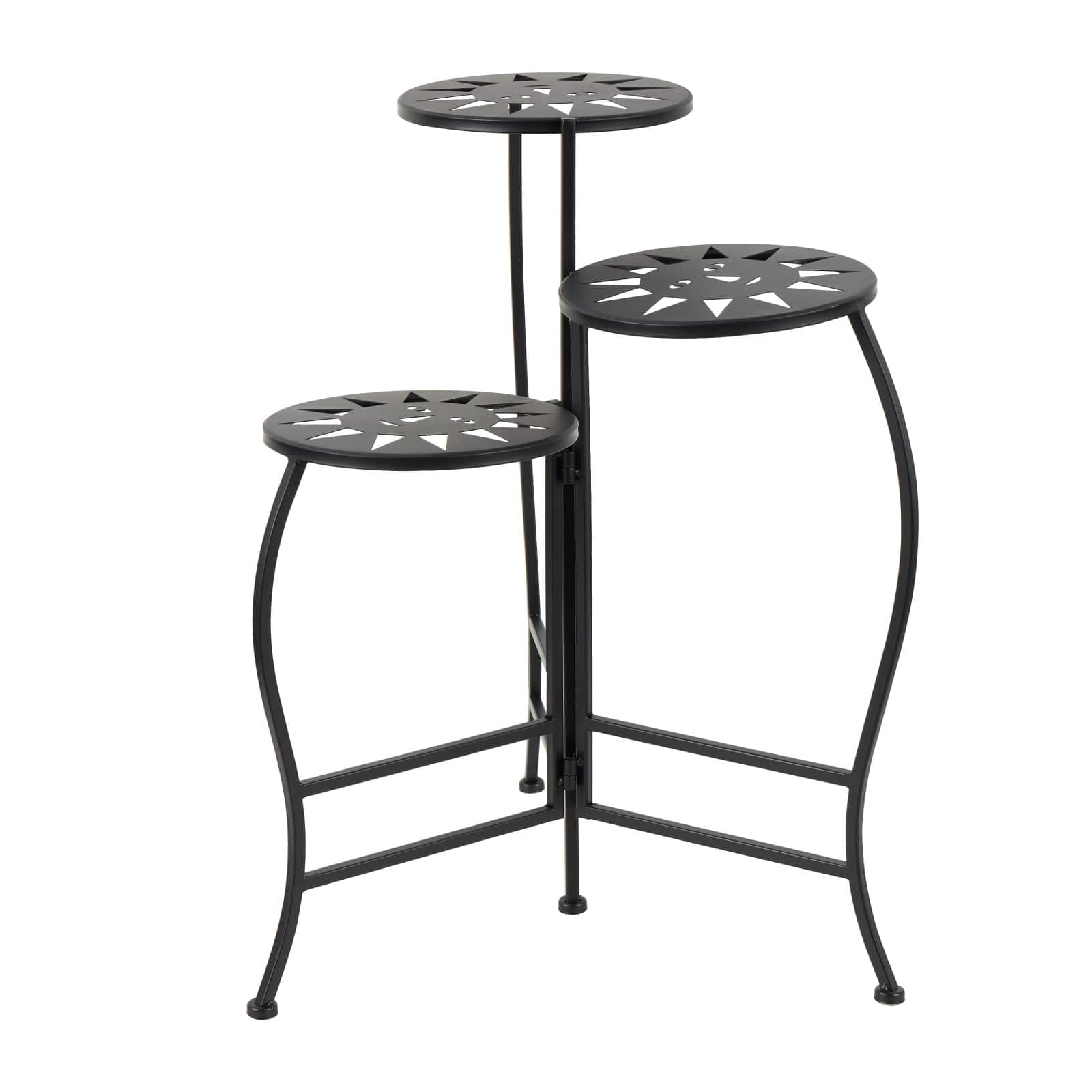 24" Black Metal Folding 3-Tier Plant Stand with Sun Face Cutouts