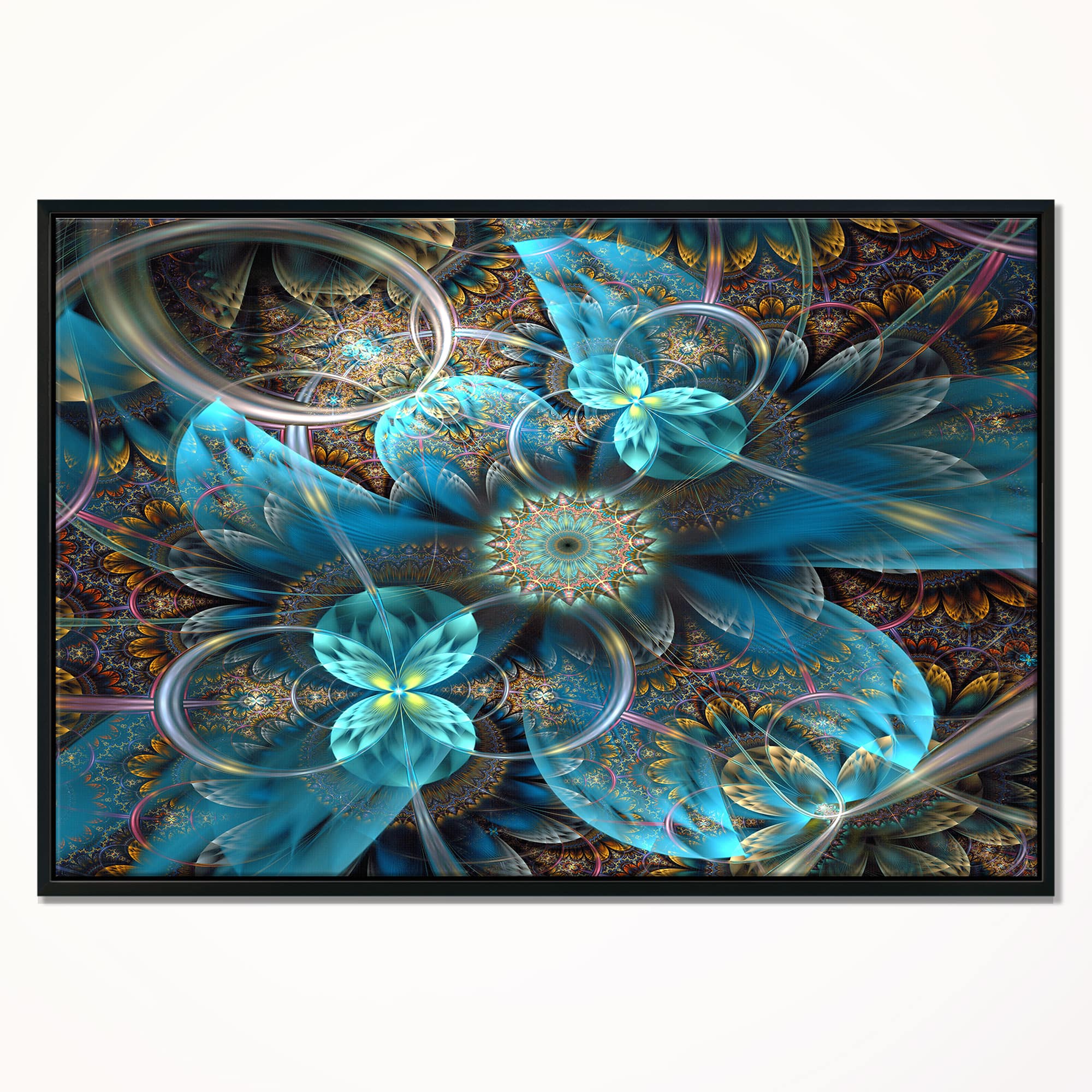Designart - Fractal Blue Flowers - Floral Art Framed Canvas Print