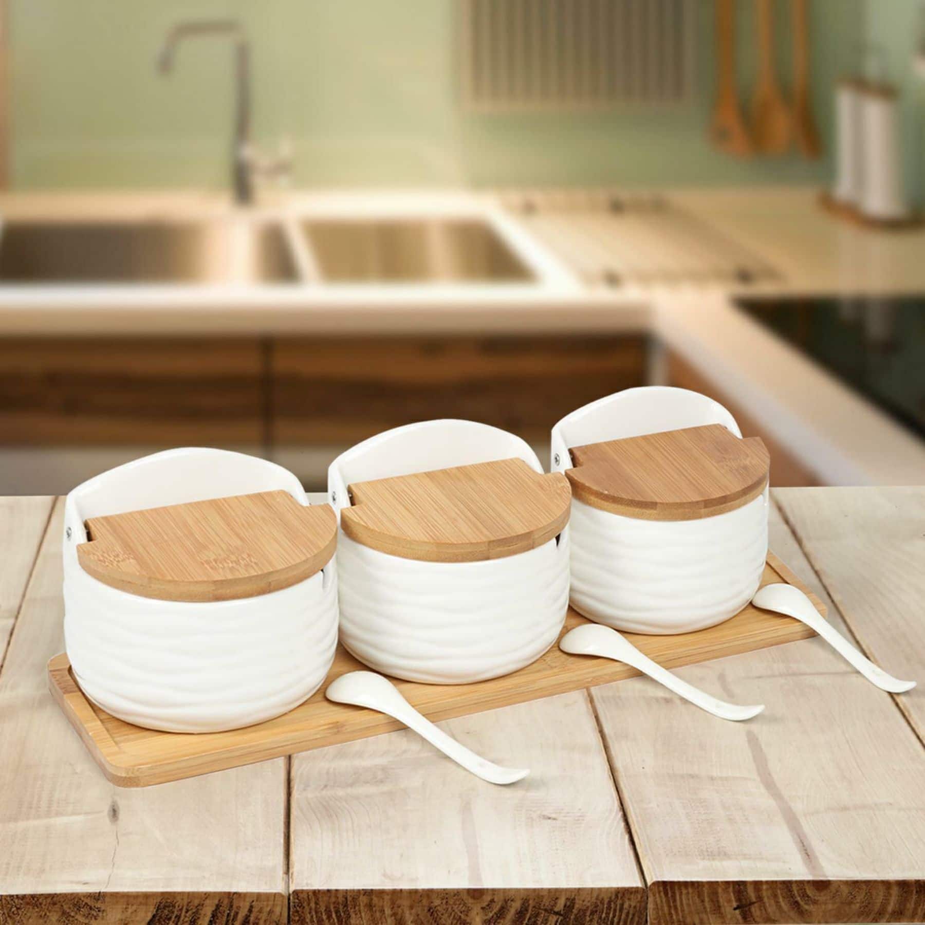 NEX&#x2122; White Ceramic Sugar Bowl Set with Bamboo Lids &#x26; Spoon