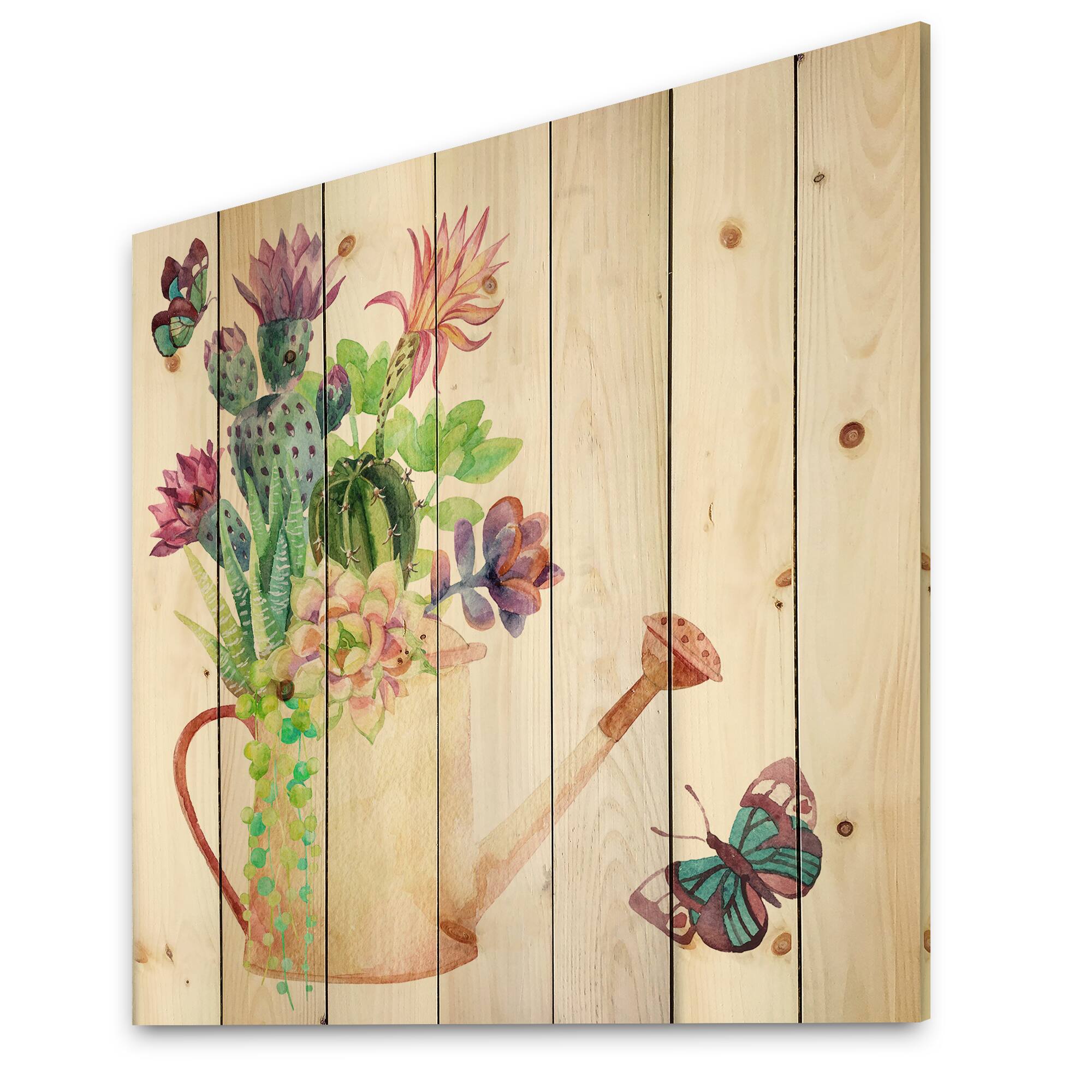 Designart - Succulents In Old Watering Can - Farmhouse Print on Natural Pine Wood