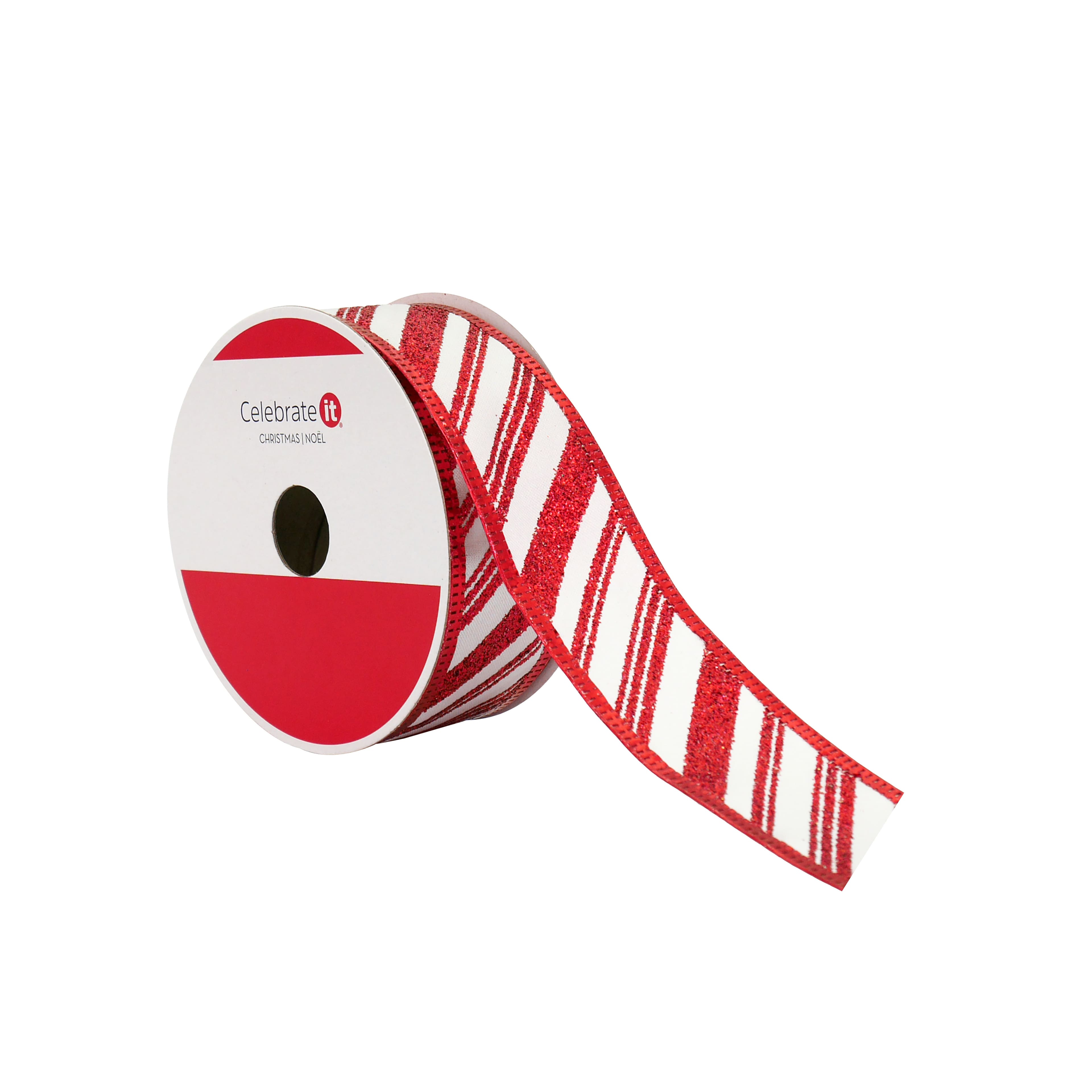 1.5&#x22; x 30ft. White &#x26; Red Glitter Diagonal Stripes Wired Ribbon by Celebrate It&#xAE;