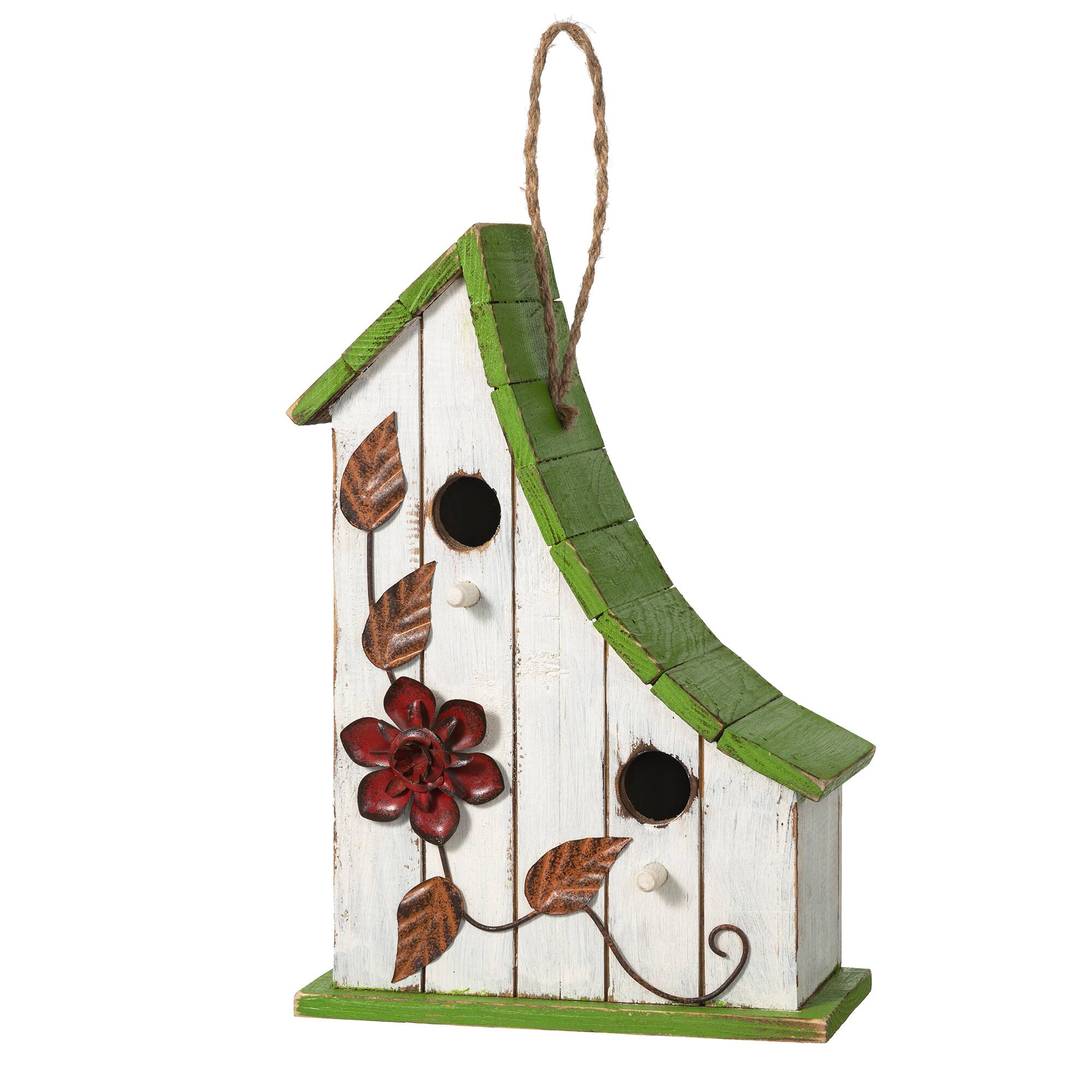 Glitzhome® 13" White Distressed Wood Birdhouse with Green Roof