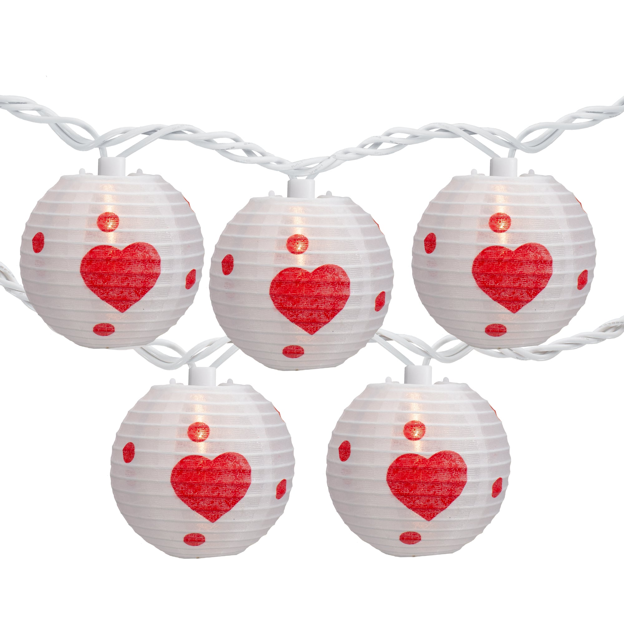 10-Count White and Red Heart Paper Lantern Valentine&#x27;s Day Lights 8.5ft White Wire