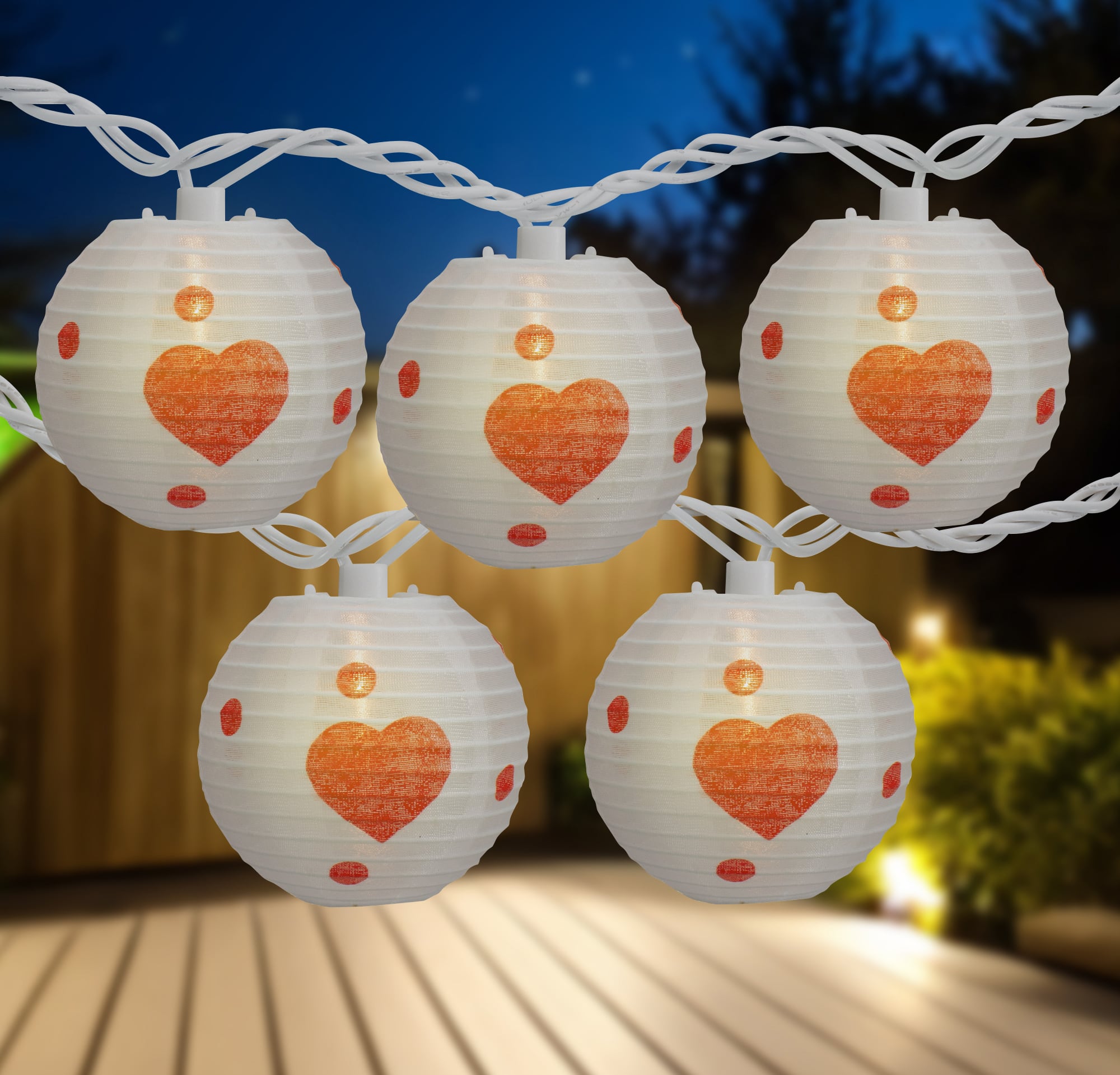 10-Count White and Red Heart Paper Lantern Valentine's Day Lights 8.5ft White Wire