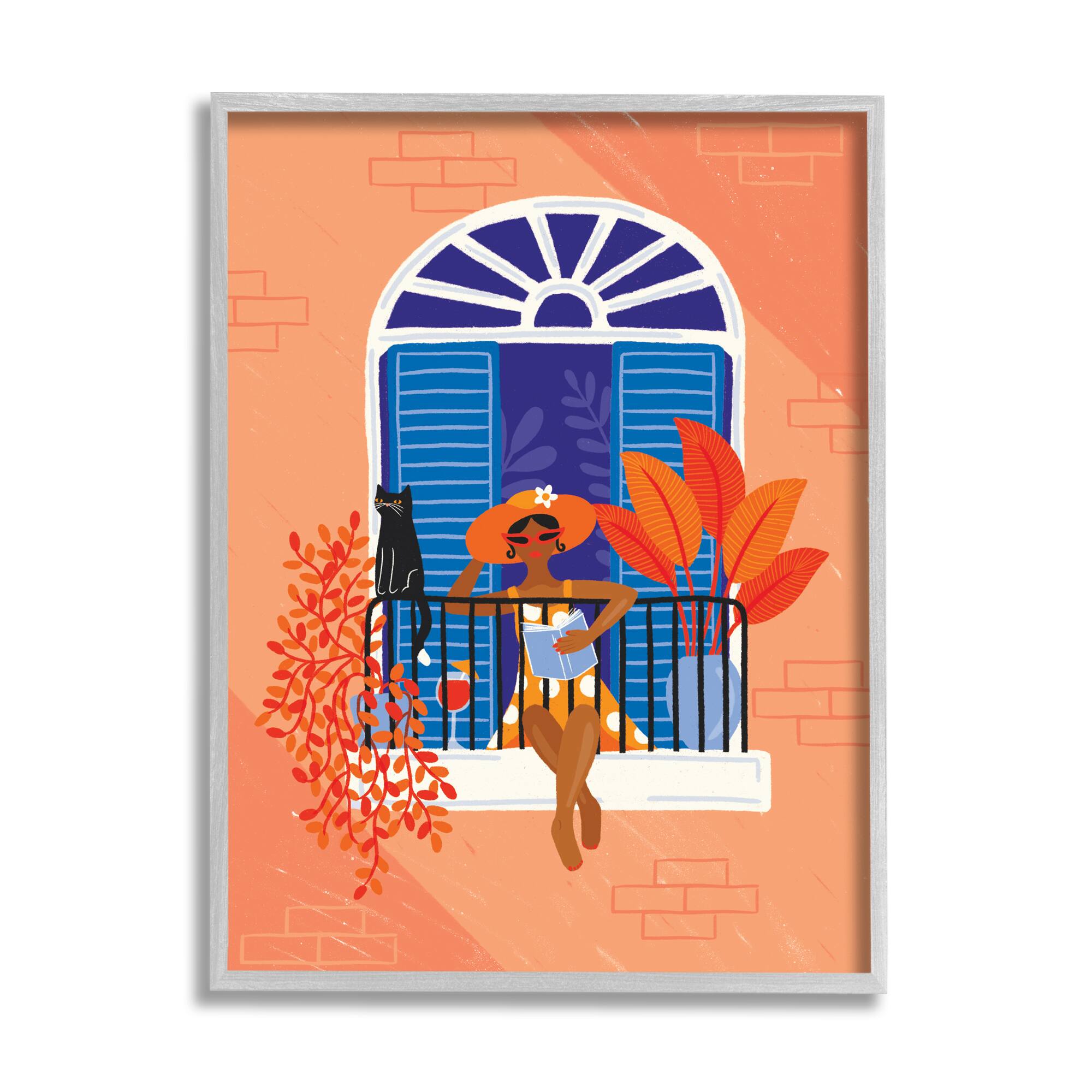 Stupell Industries Woman Reading Balcony Perched Cat Tropical Plants in Frame Wall Art