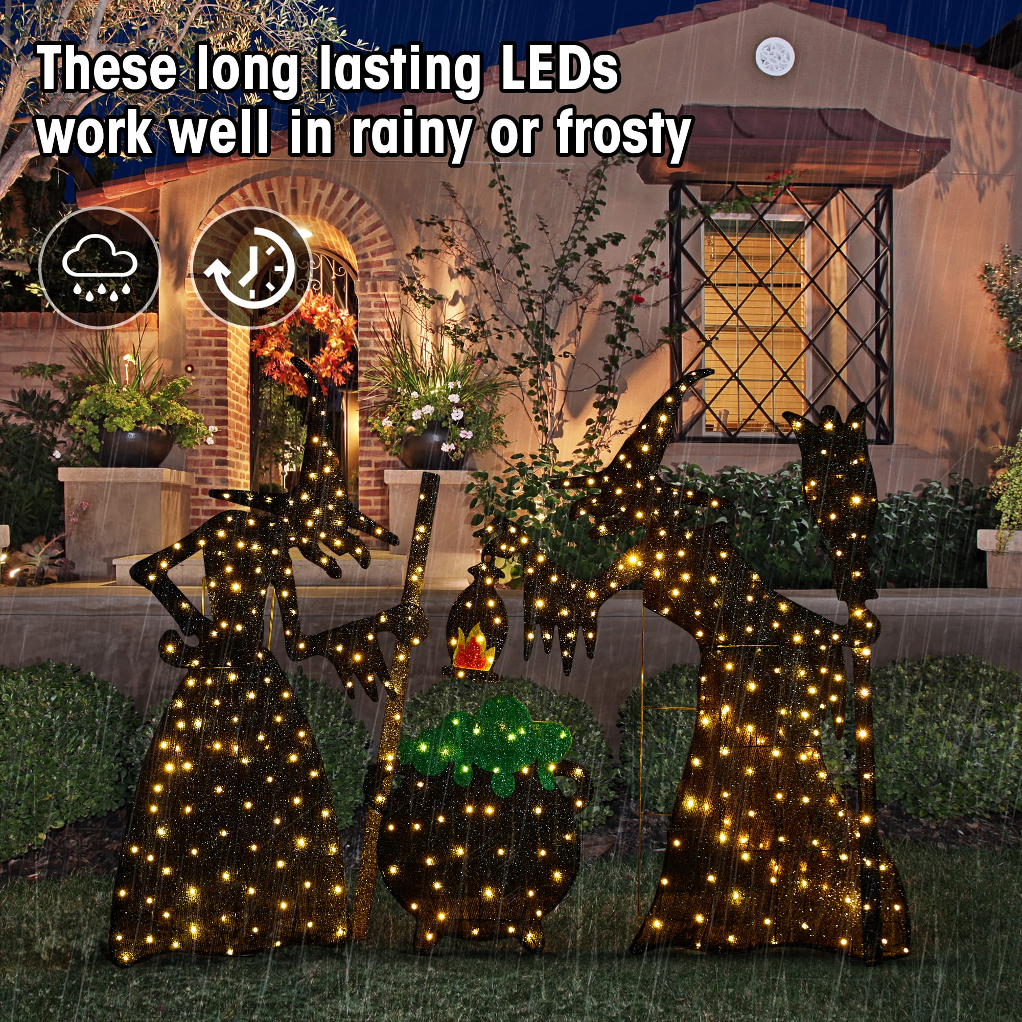 Glitzhome&#xAE; Set of 3 Lighted Halloween 2.5D Witches with Cauldron Outdoor Decor