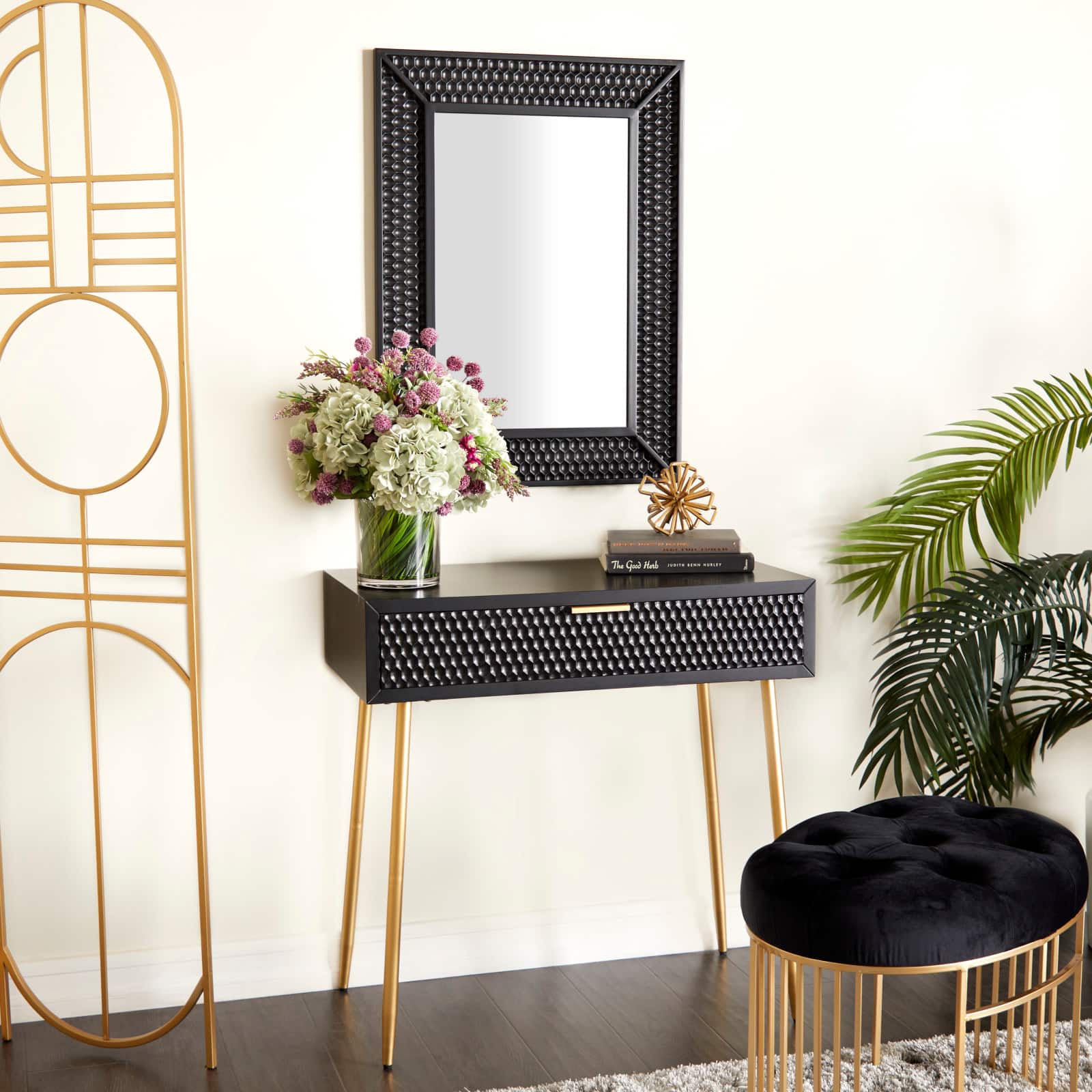 Set of 2" Black Wood Contemporary Console Table with Mirror, 31" x 31" x 16"