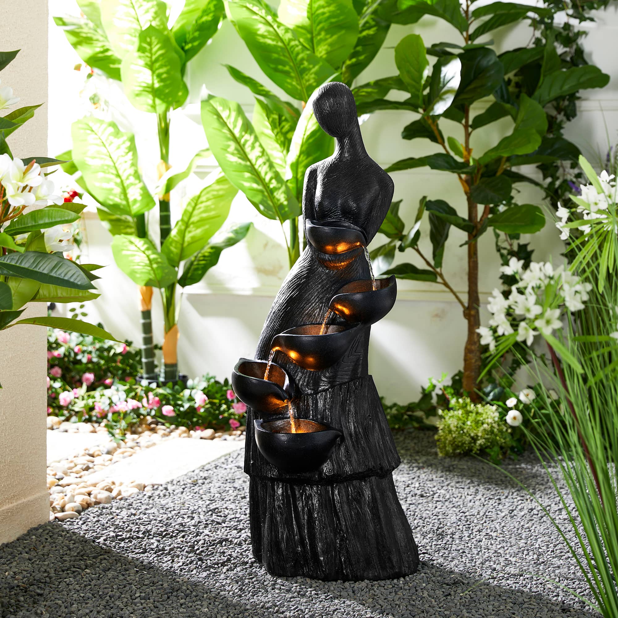 Glitzhome&#xAE; 39.75&#x22; Modern LED 5-Tier Abstract Women Sculpture Outdoor Fountain