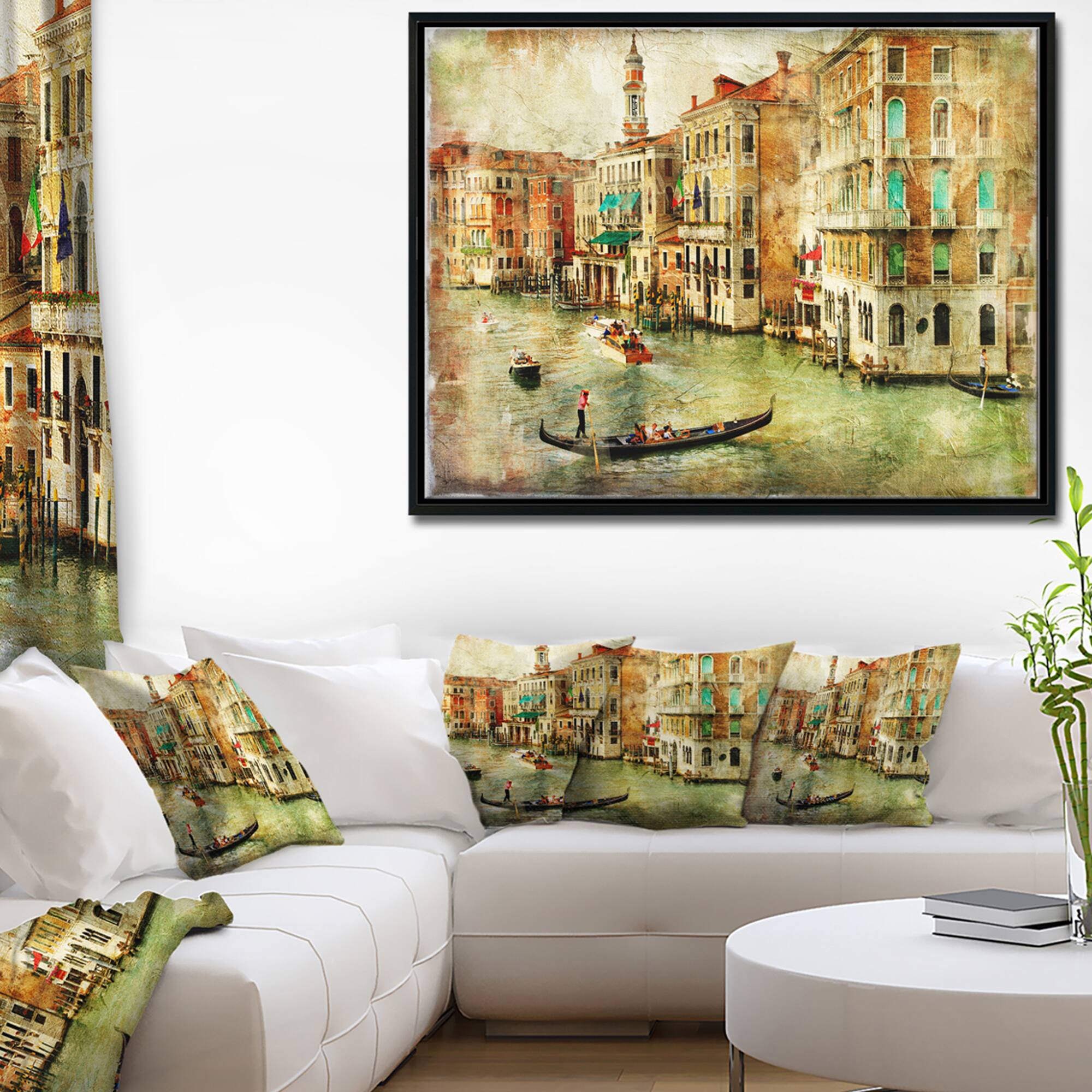 Designart - Vintage Venice - Digital Art Landscape Canvas Print in Black Frame