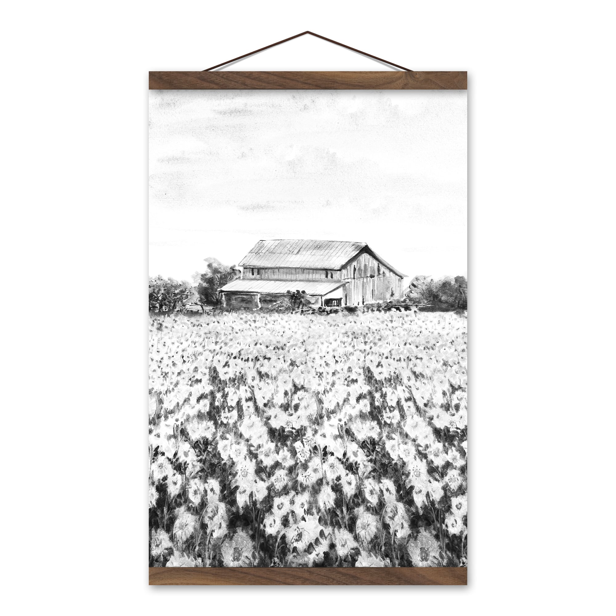Black &#x26; White Farm Scene Teak Hanging Canvas