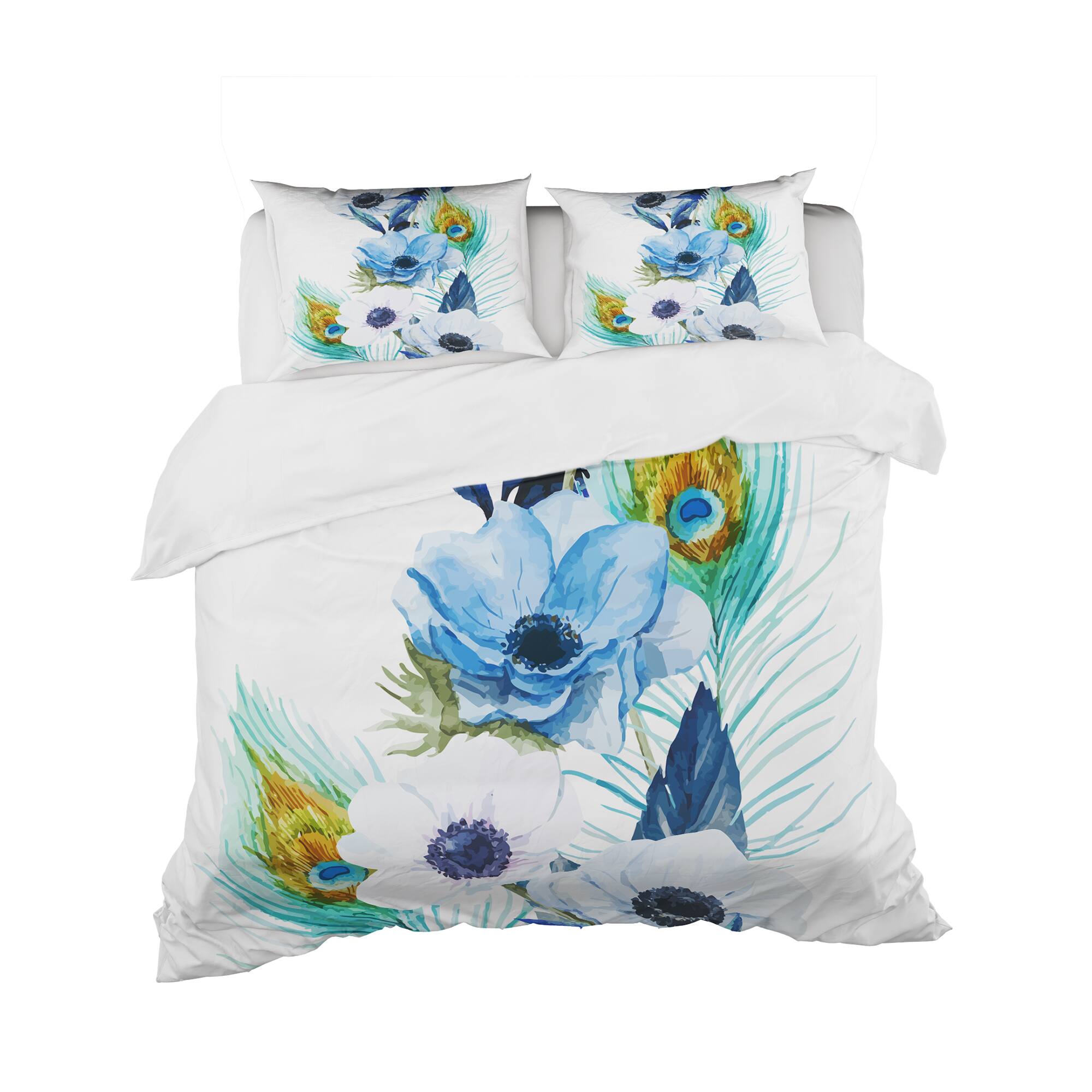 Designart &#x27;Anemones And Peacock Feathers&#x27; Floral Bedding Set - Duvet Cover &#x26; Shams